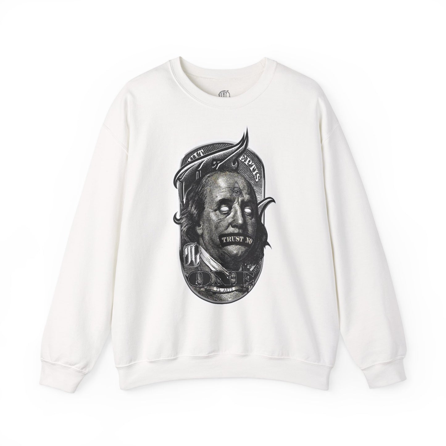 white sweatshirt with a graphic print of a character's face in black and white, front