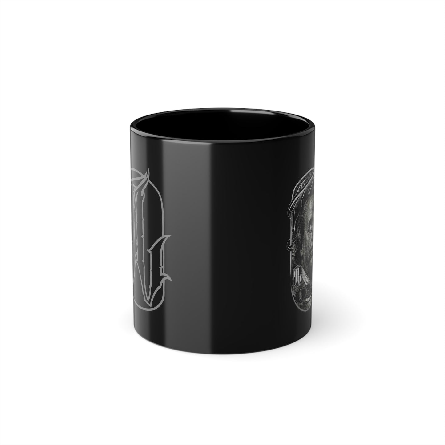 A black ceramic coffee cup with a glossy finish and a handle on the left side, featuring a white graphic design both side, front