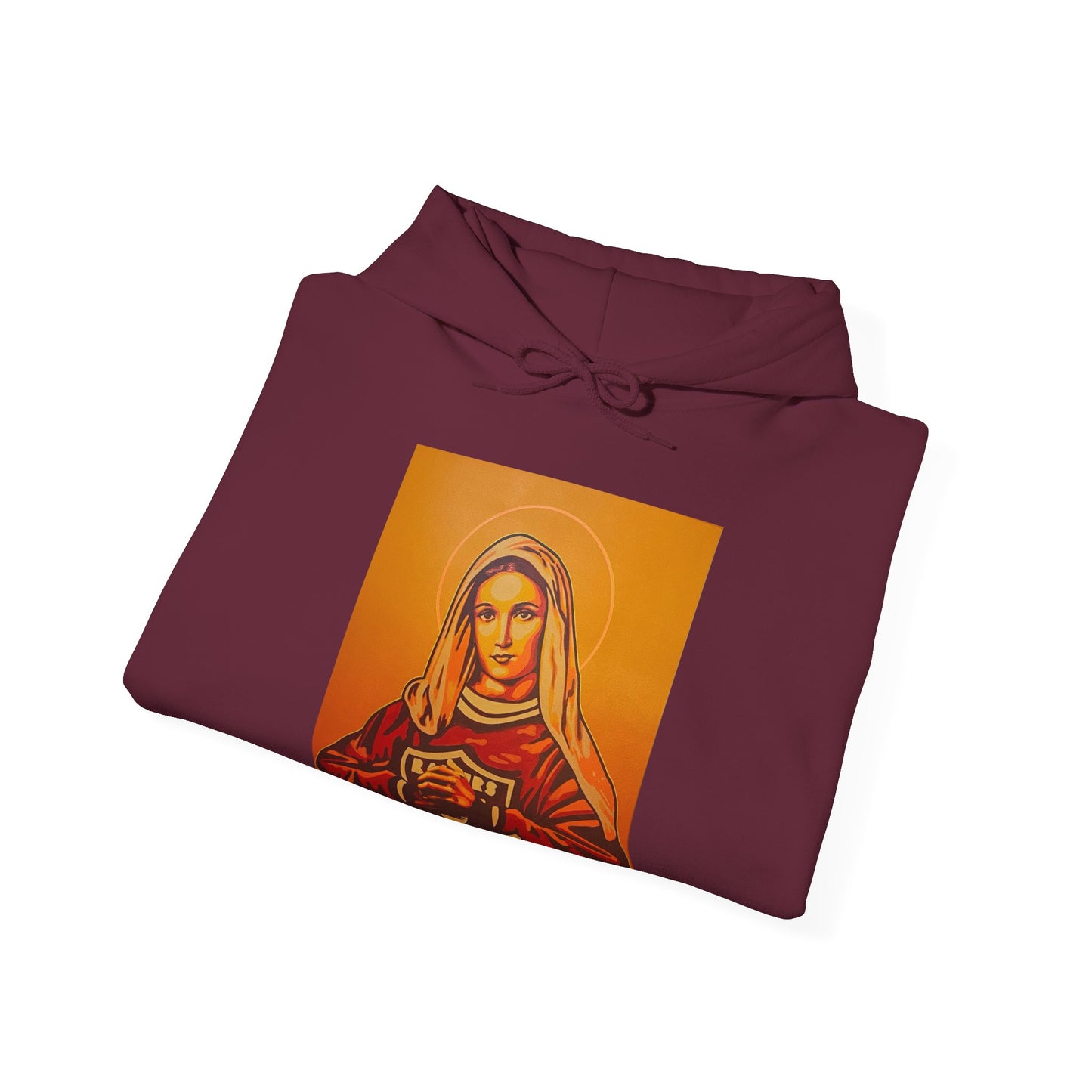 folded maroon hoodie with a graphic of a woman on an orange background, front