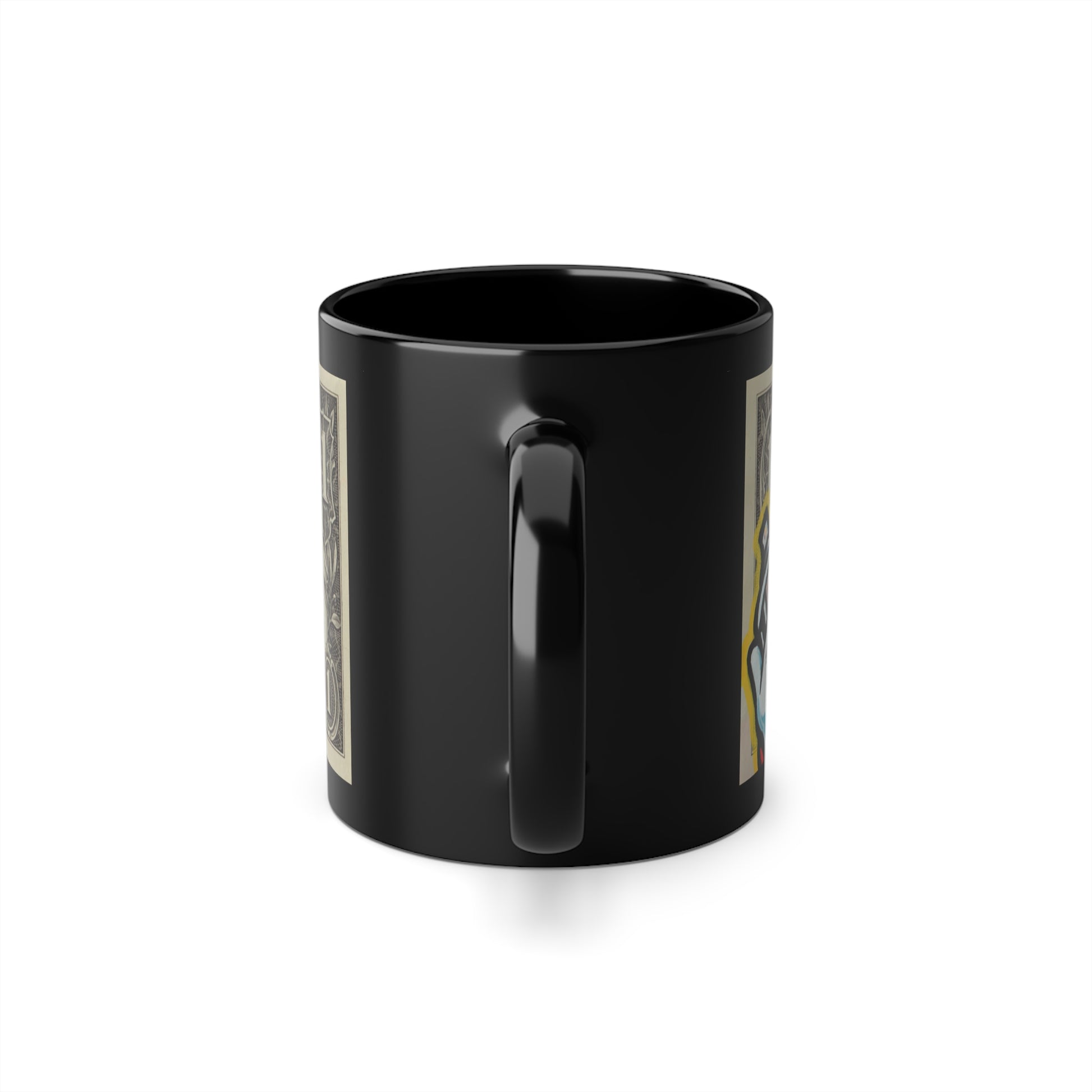 A black ceramic coffee mug with a glossy finish dollar art and a colorful character illustration on the side, back