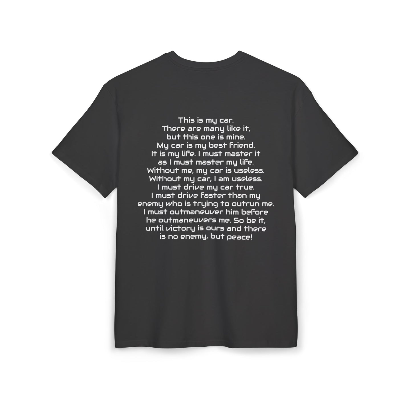 Black t-shirt with white car inspired text on a white background, back