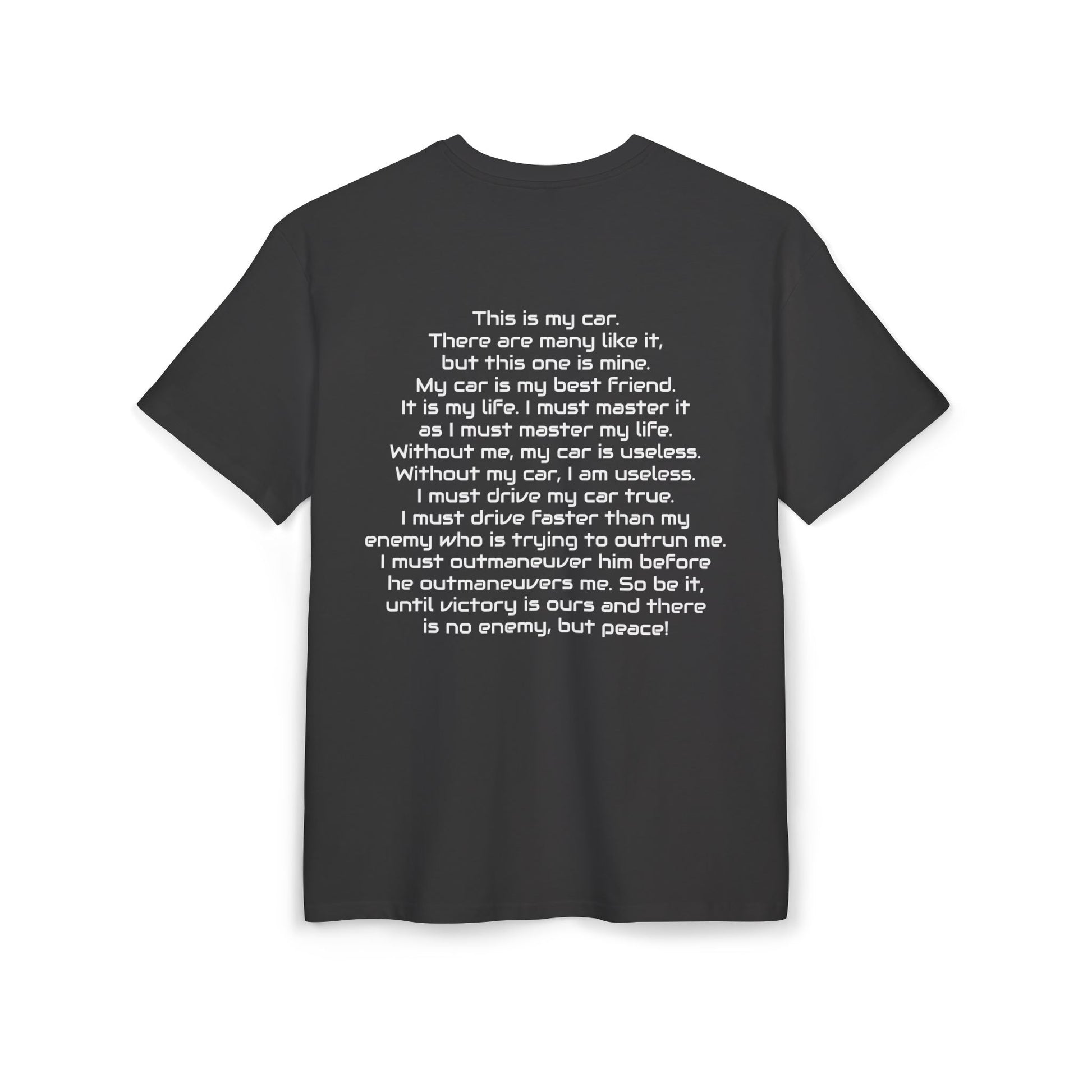Black t-shirt with white car inspired text on a white background, back