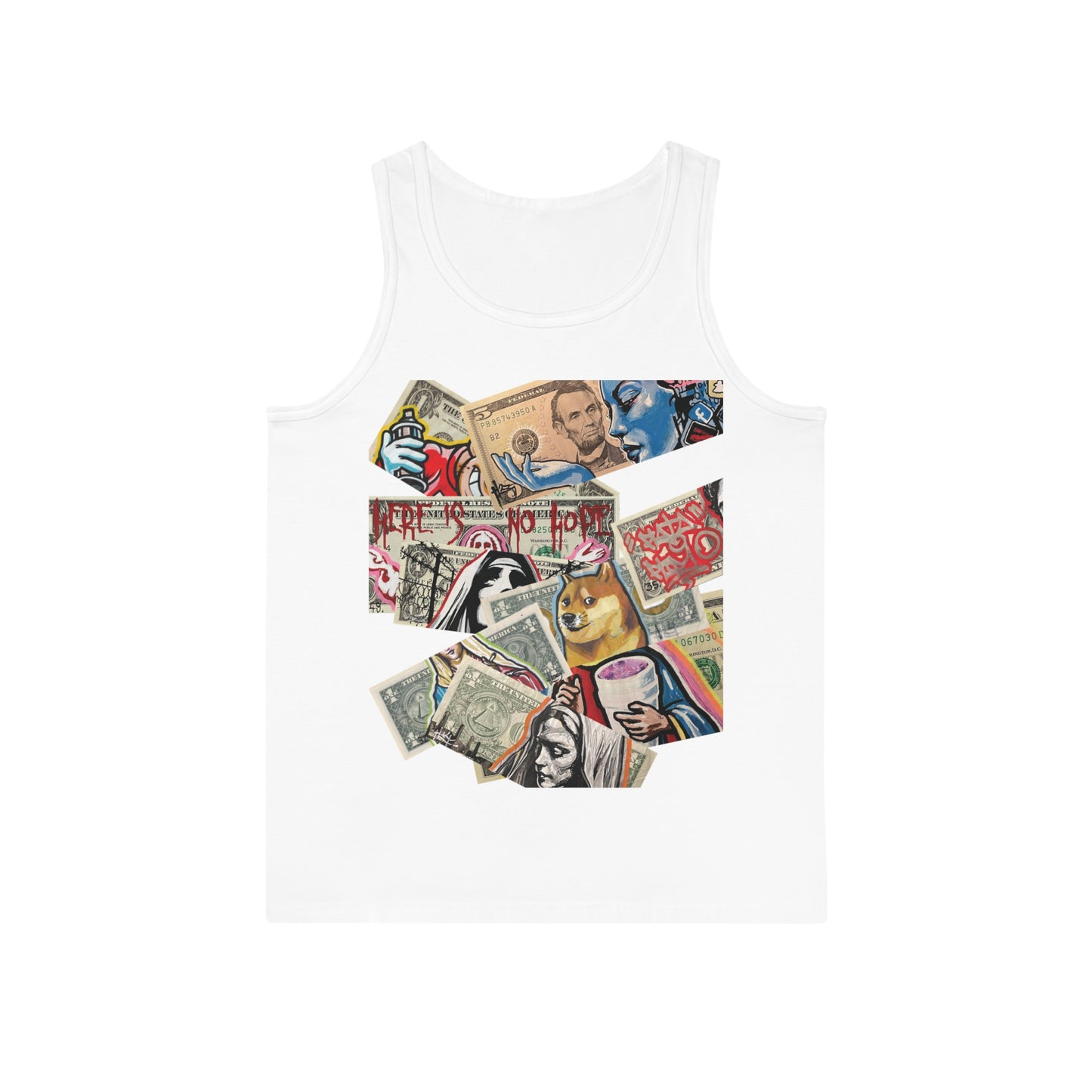 white tank top with stacked dollars artistic design of dollars and text on a white background, front