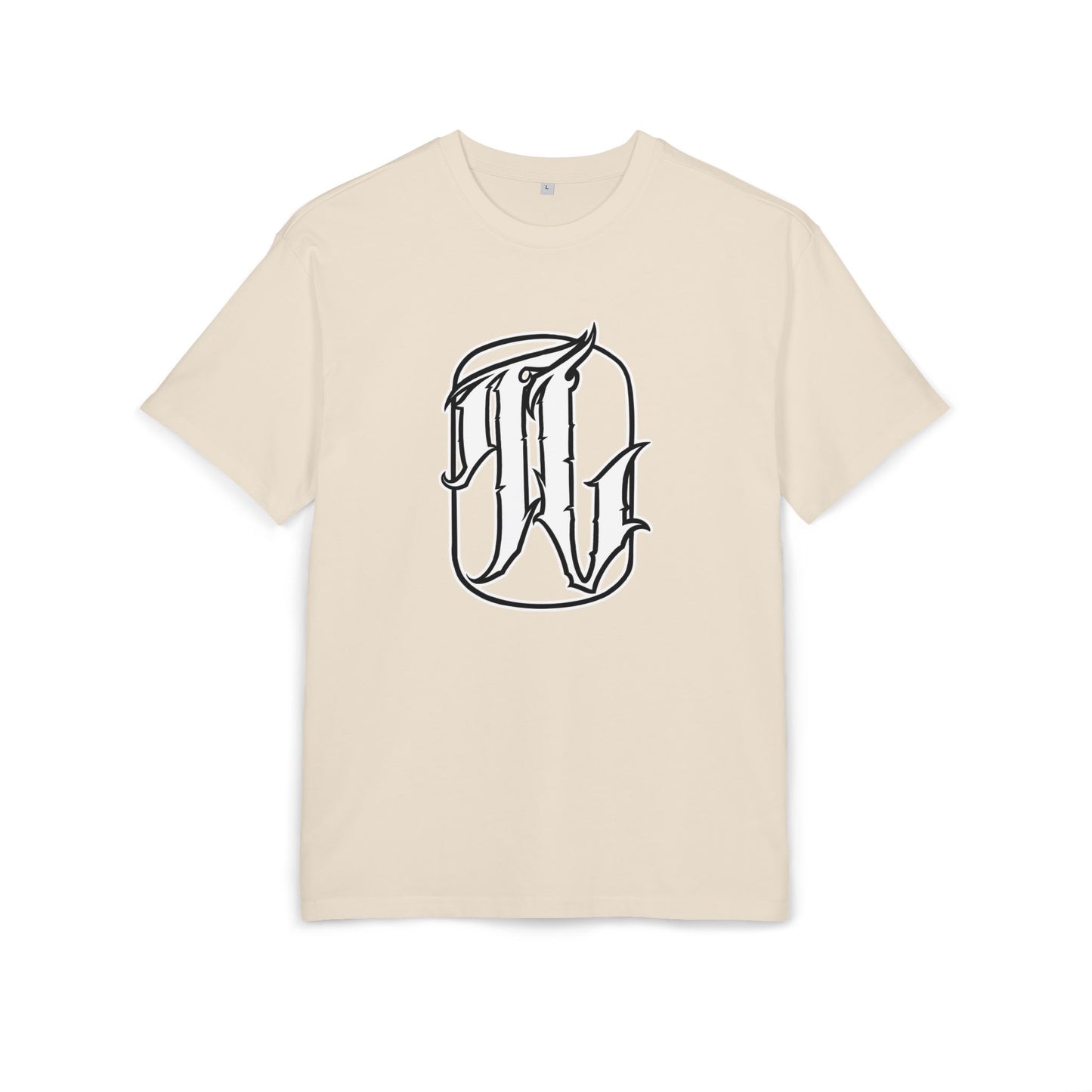 Beige t-shirt with a white logo on a white background, front