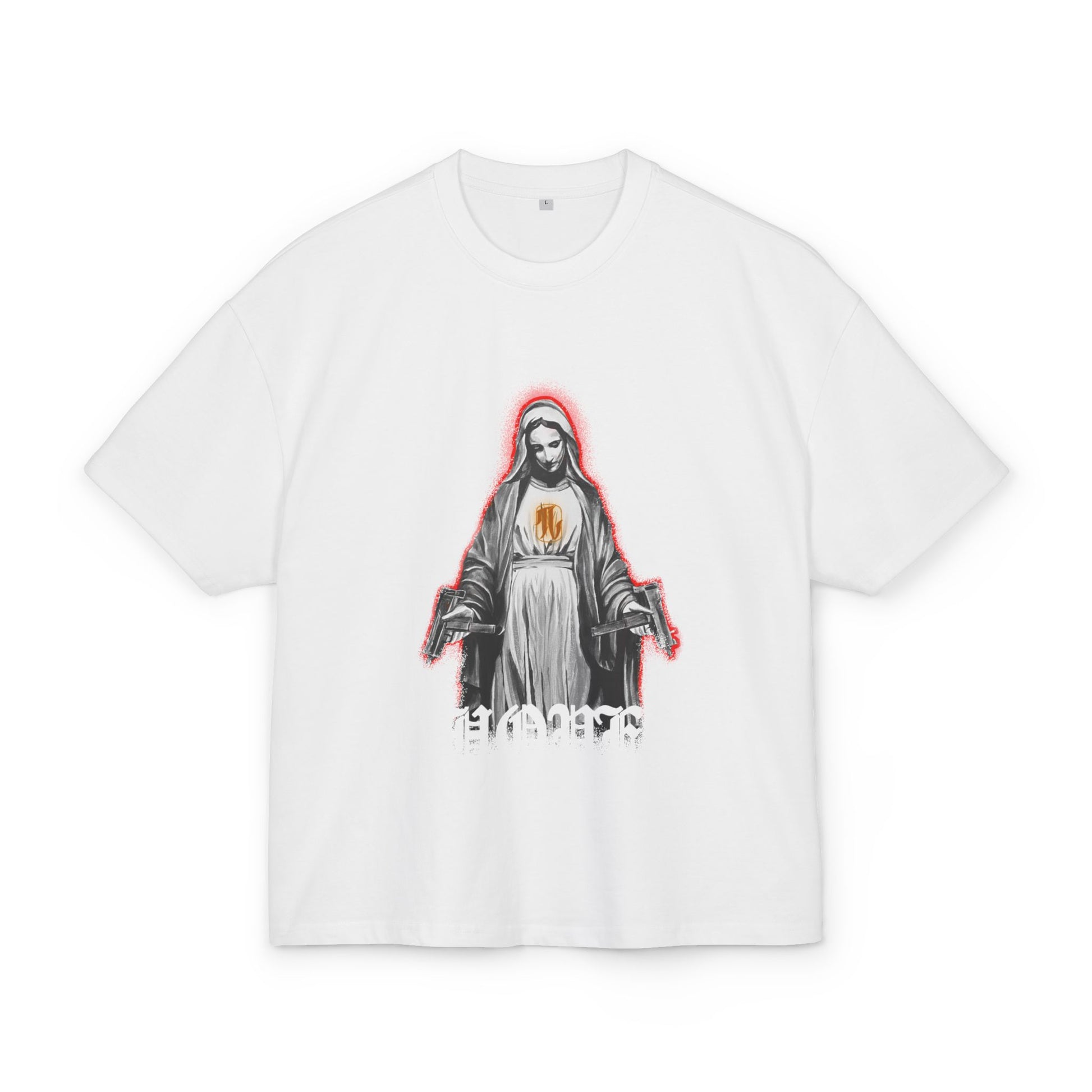 white box k t-shirt with a graphic print of a person with a red and black outline and the text 'MARIAN', front