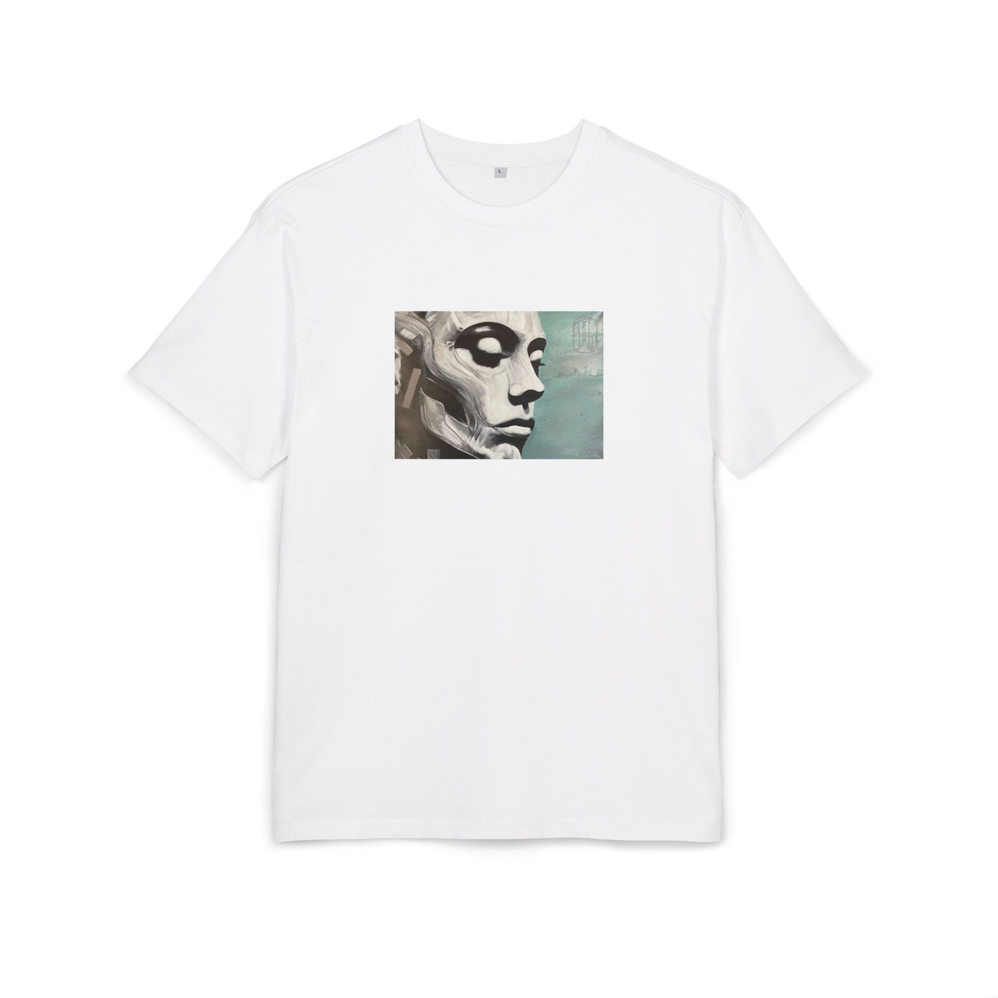 White t-shirt with a graphic print of a person's face on the chest on white background, front