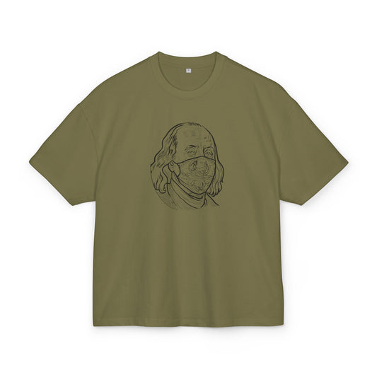 Olive green t-shirt with a graphic design on a white background, front