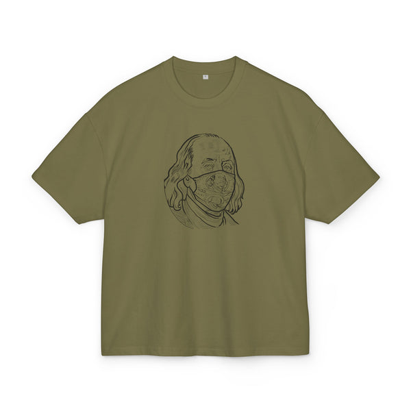 Olive green t-shirt with a graphic design on a white background, front