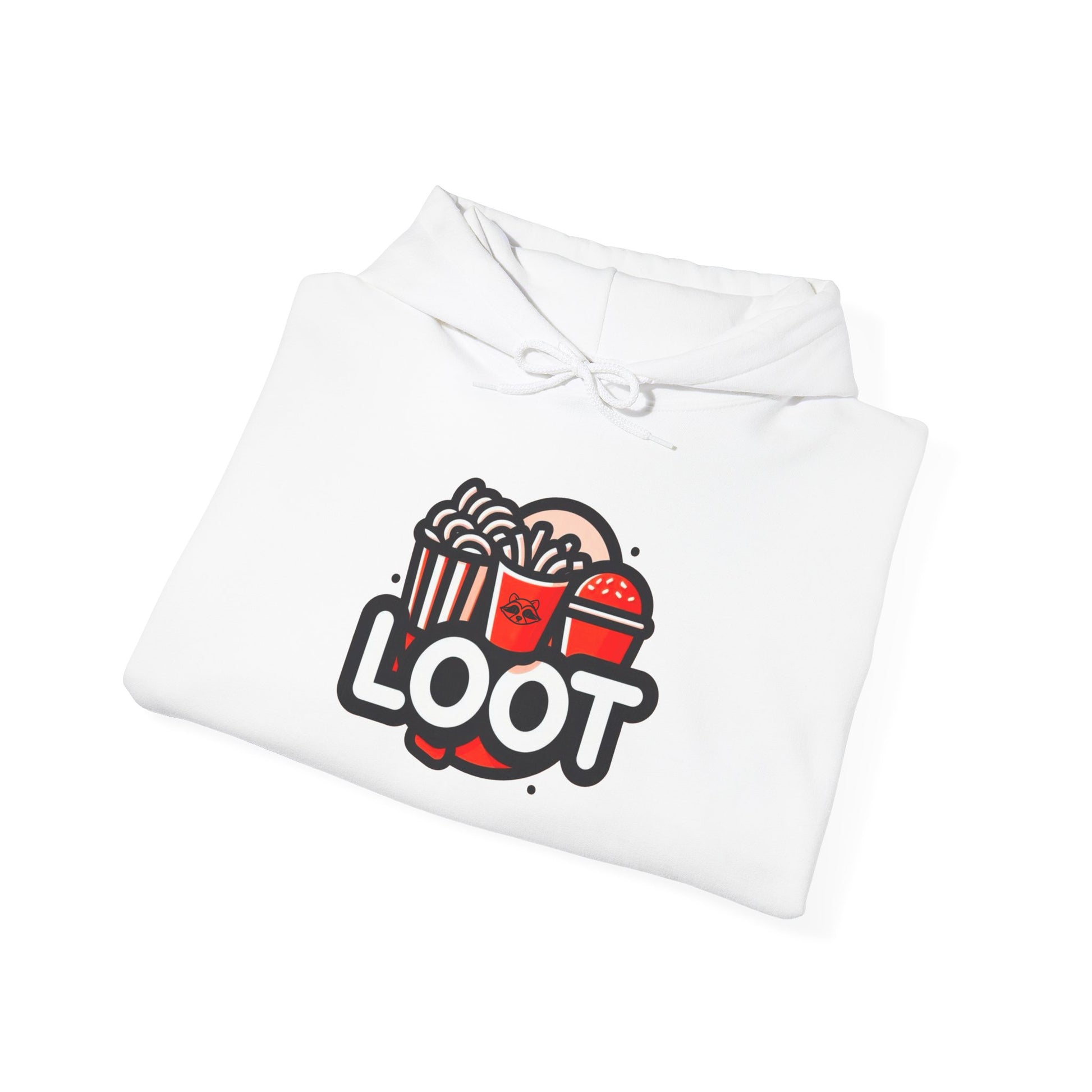 folded white hooded sweatshirt in orange color with a graphic print on the front that reads 'LOOT' with a fast food beside it, front