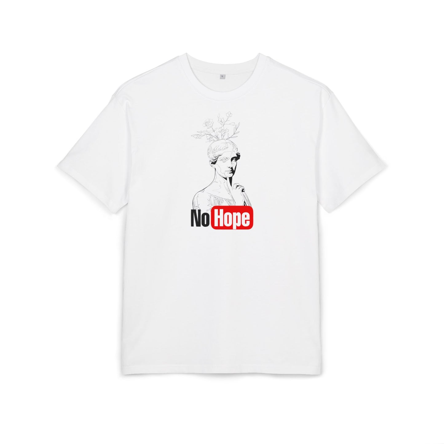 blanc White t-shirt with graphic design and text 'No Hope' on a white background, front