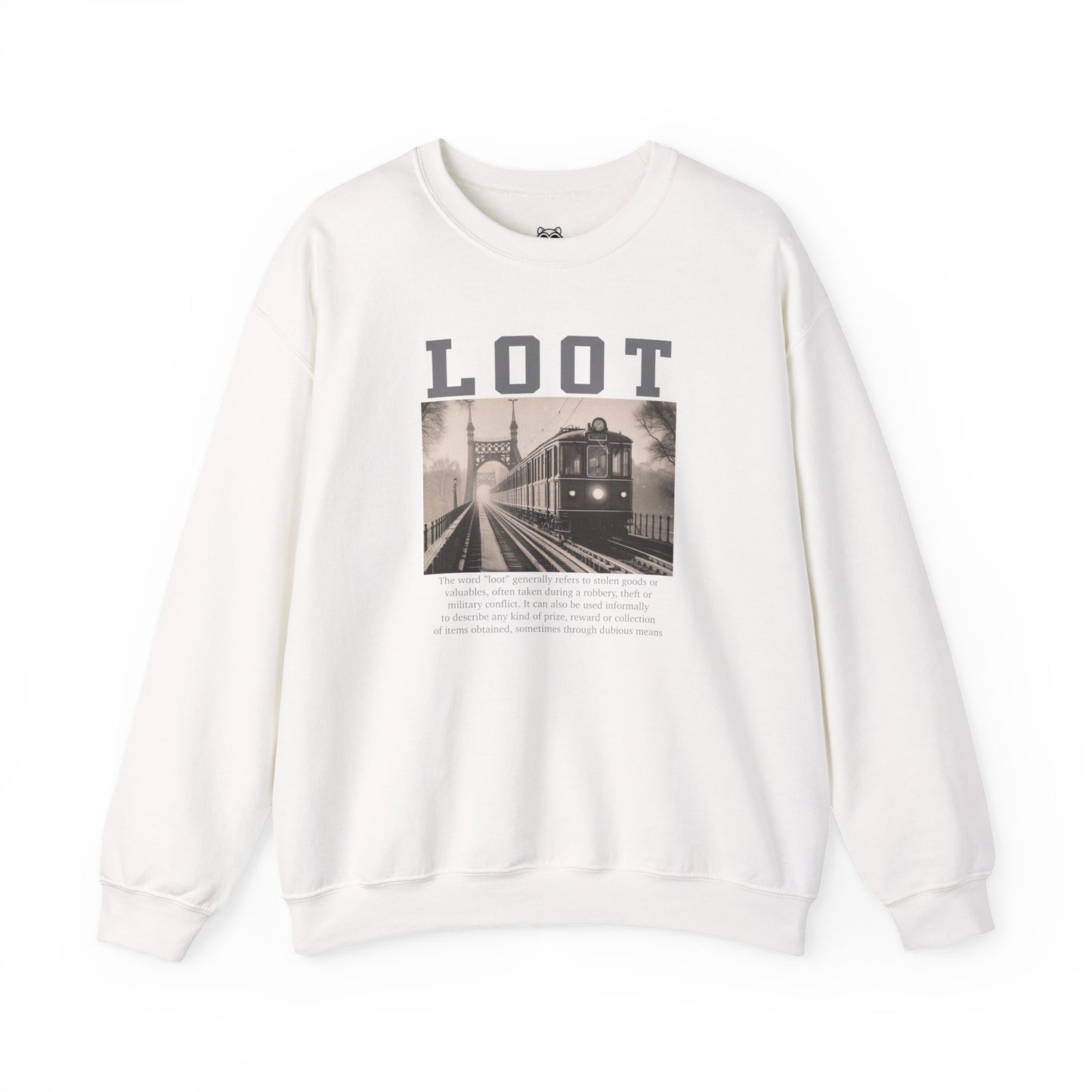 white sweatshirt with graphic design and 'LOOT' text on a white background, front