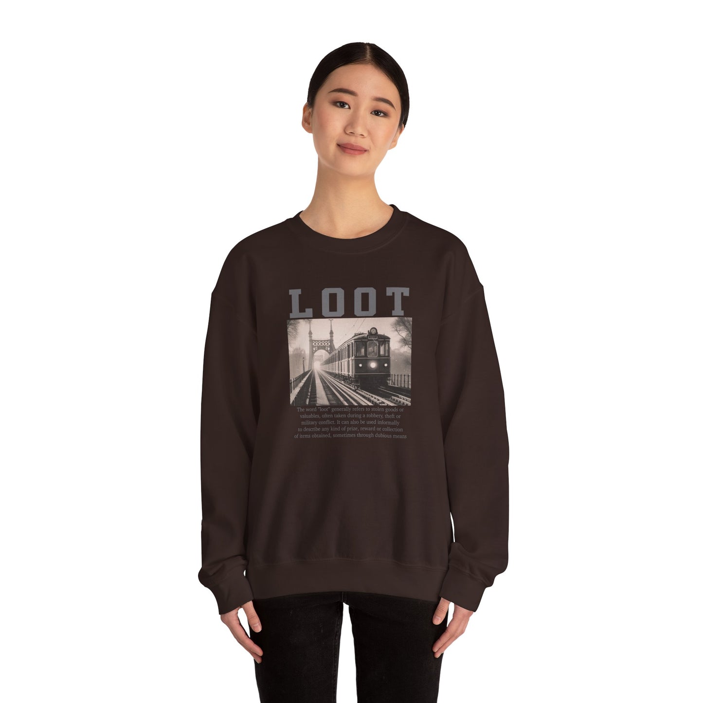 woman wearing dark chocolate sweatshirt with graphic design and 'LOOT' text on a white background, front
