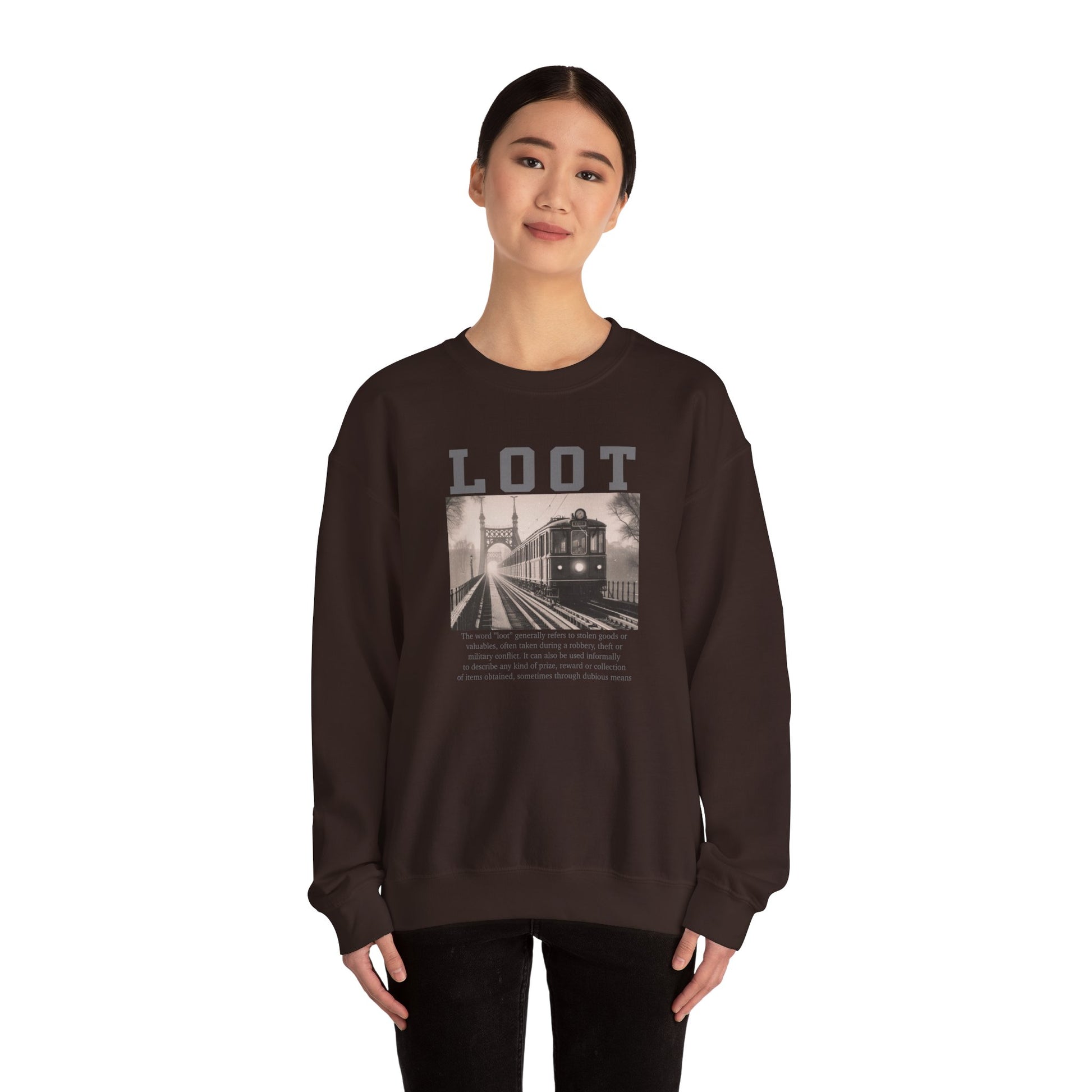 woman wearing dark chocolate sweatshirt with graphic design and 'LOOT' text on a white background, front