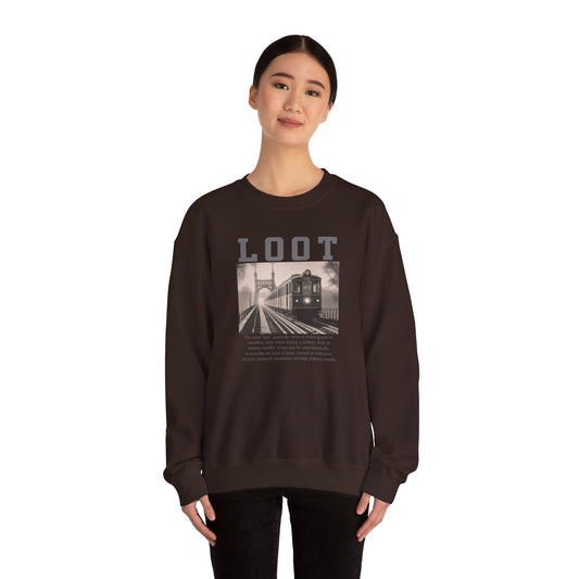woman wearing dark chocolate sweatshirt with graphic design and 'LOOT' text on a white background, front