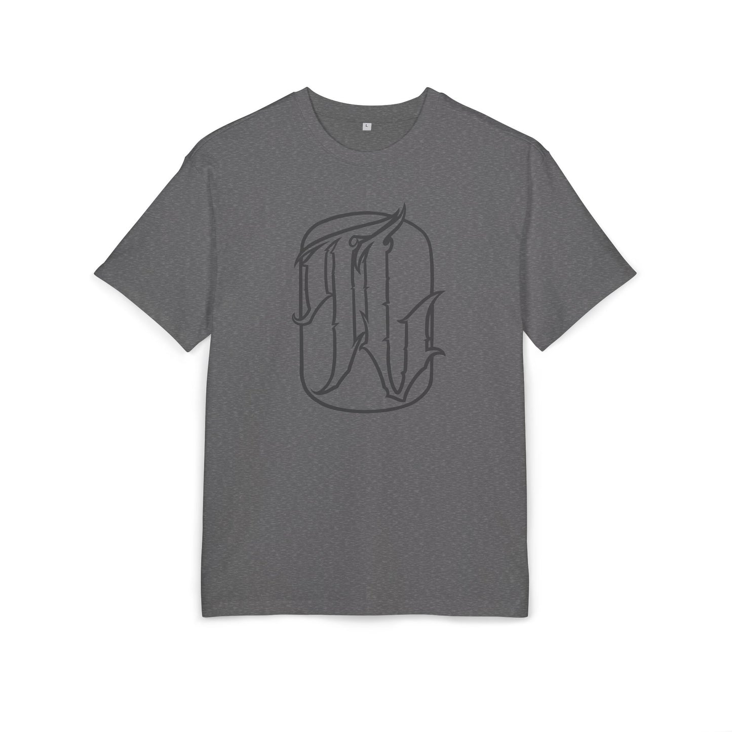 charcoal heather t-shirt with a graphic design in the center, front