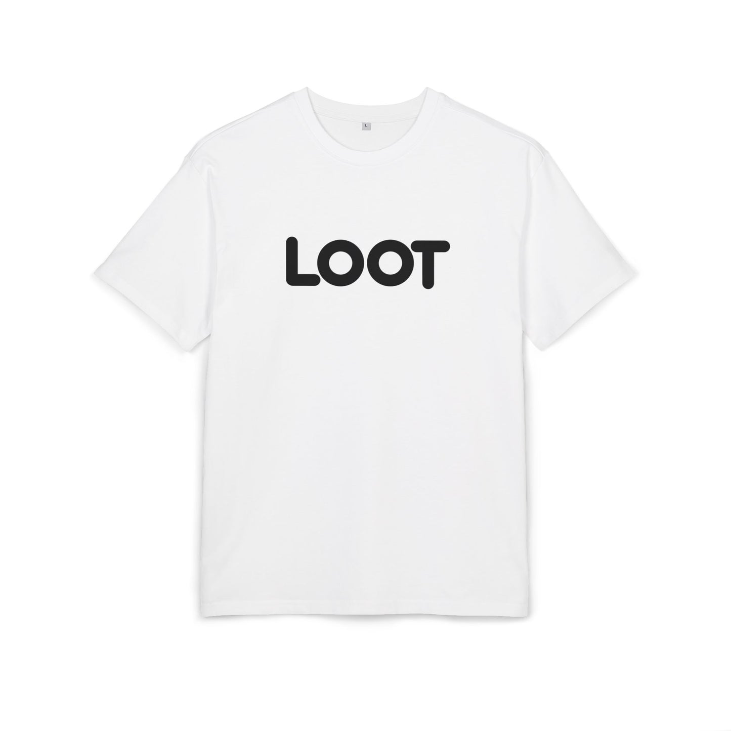 White t-shirt with the word 'LOOT' printed in black on the front, front