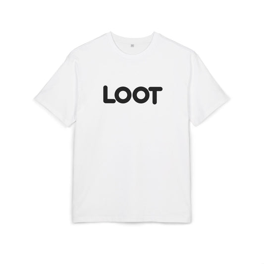 White t-shirt with the word 'LOOT' printed in black on the front, front