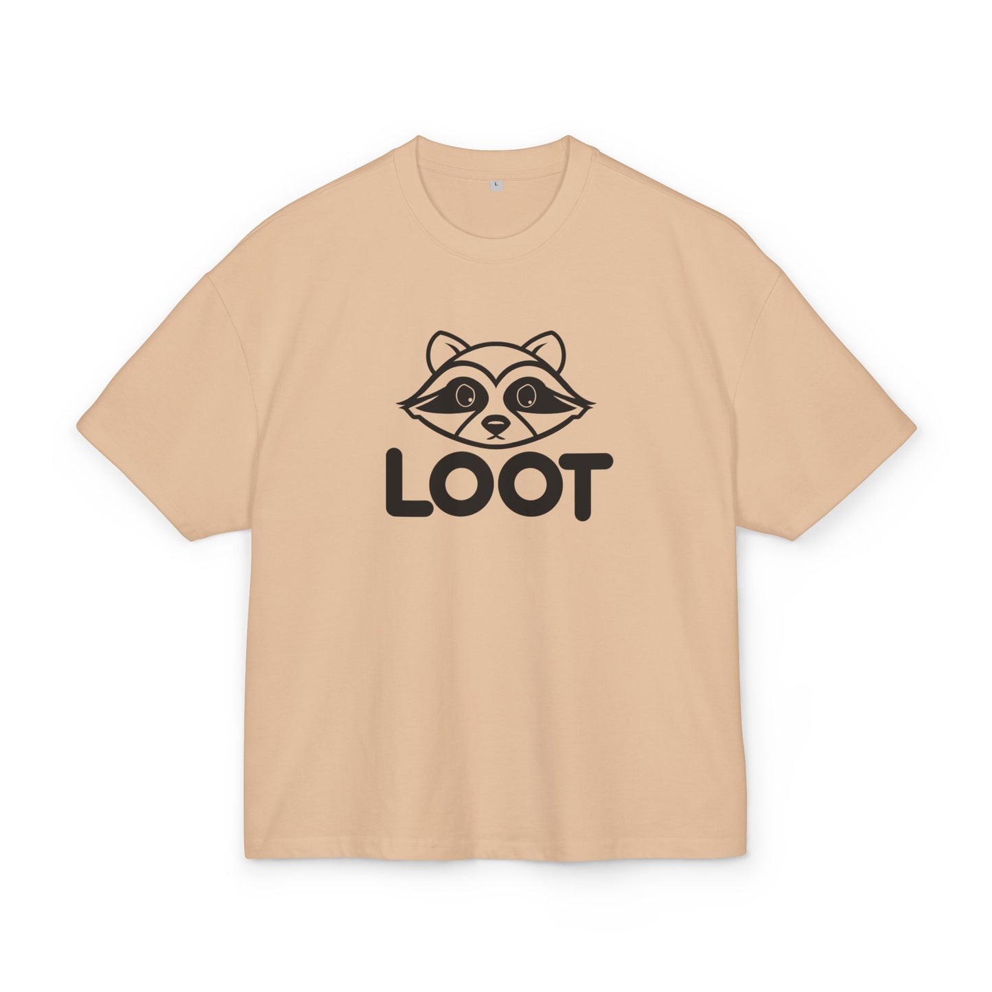 Union beige unisex box t-shirt with the word 'LOOT' printed on the front and a graphic of a raccoon's face, front