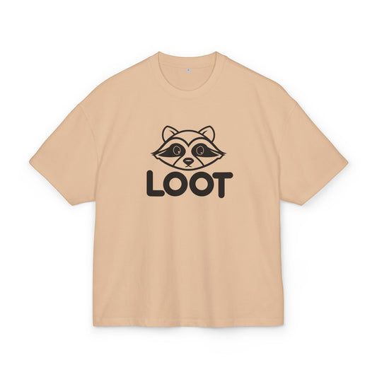 Union beige unisex box t-shirt with the word 'LOOT' printed on the front and a graphic of a raccoon's face, front