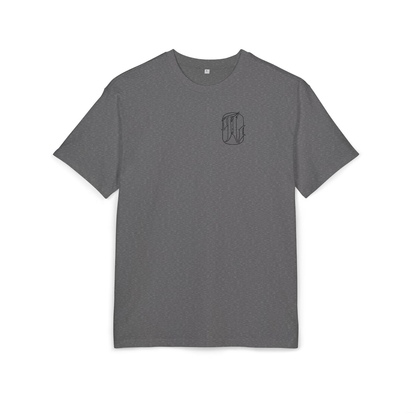 charcoal heather t-shirt with a black logo on a white background, front