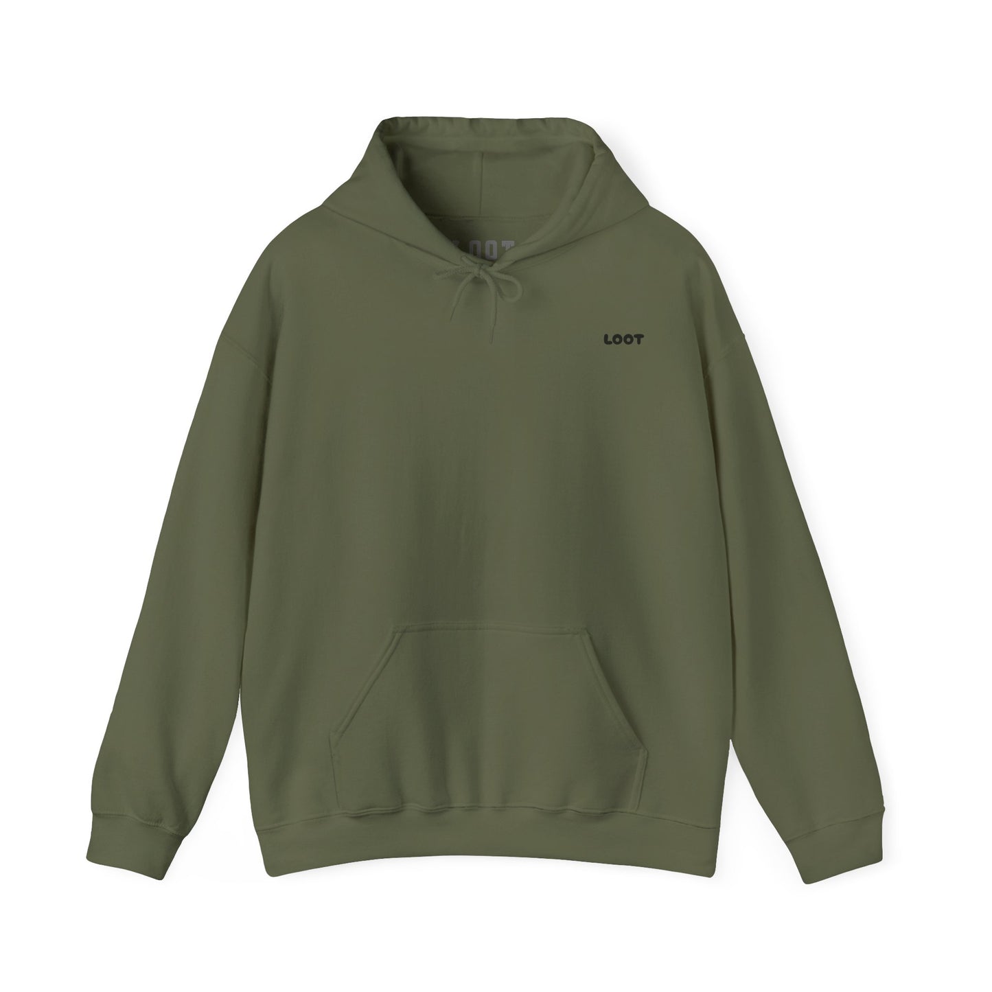 military green hoodie with 'LOOT' branding on a white background, front