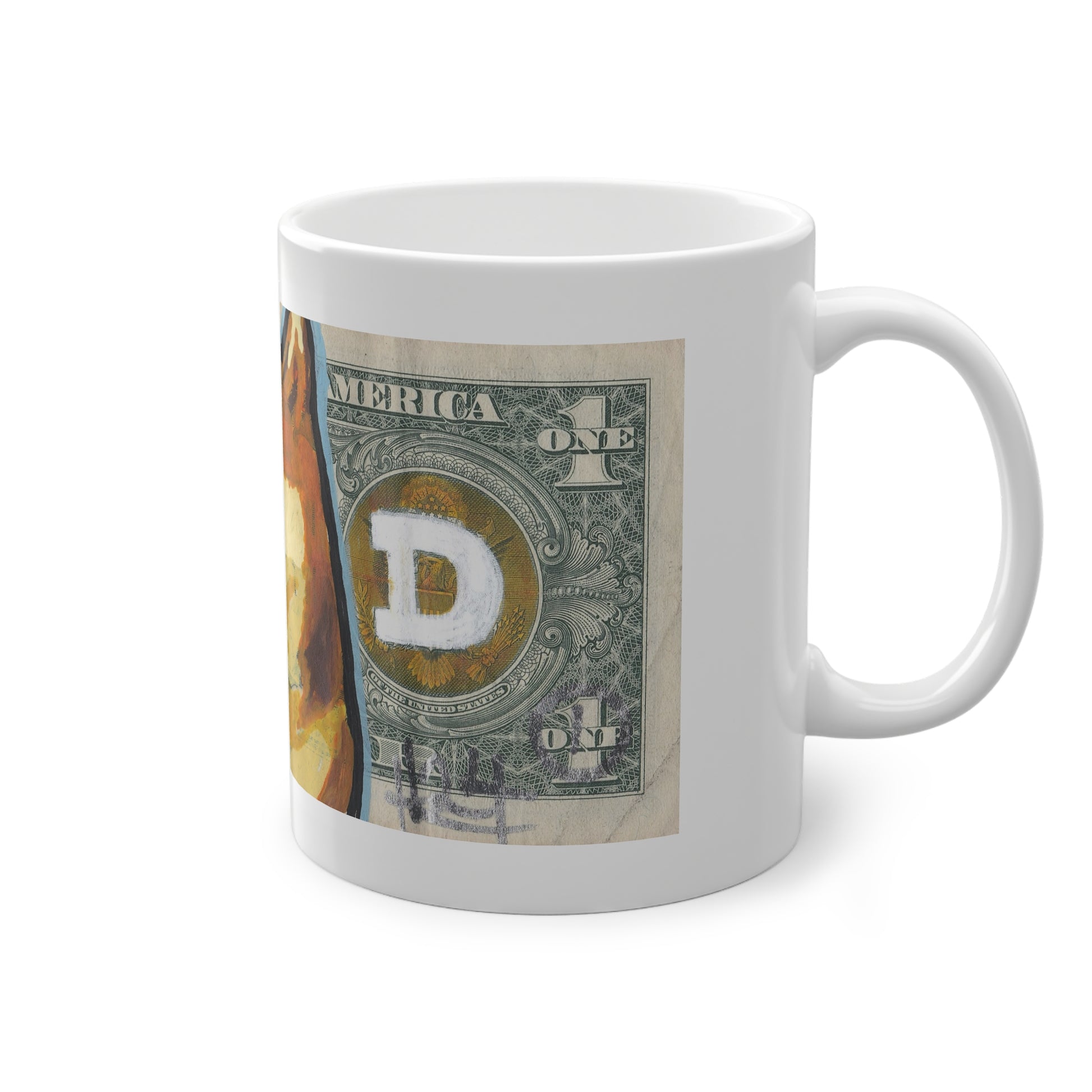 Mug with a dog design on a dollar bill background, side