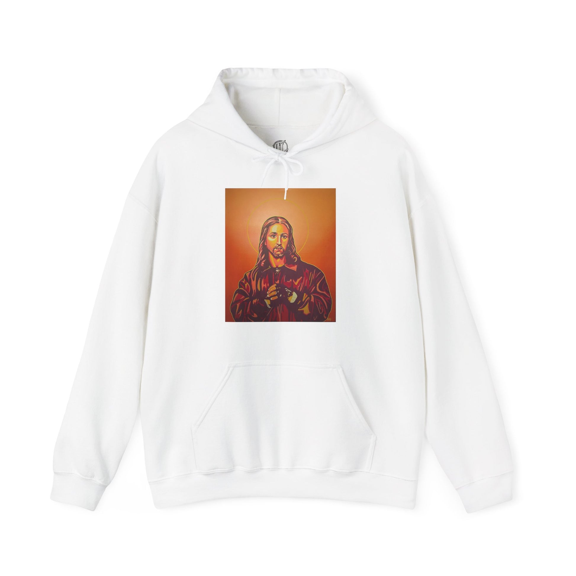 white hooded sweatshirt featuring a graphic print of a person on the front, front