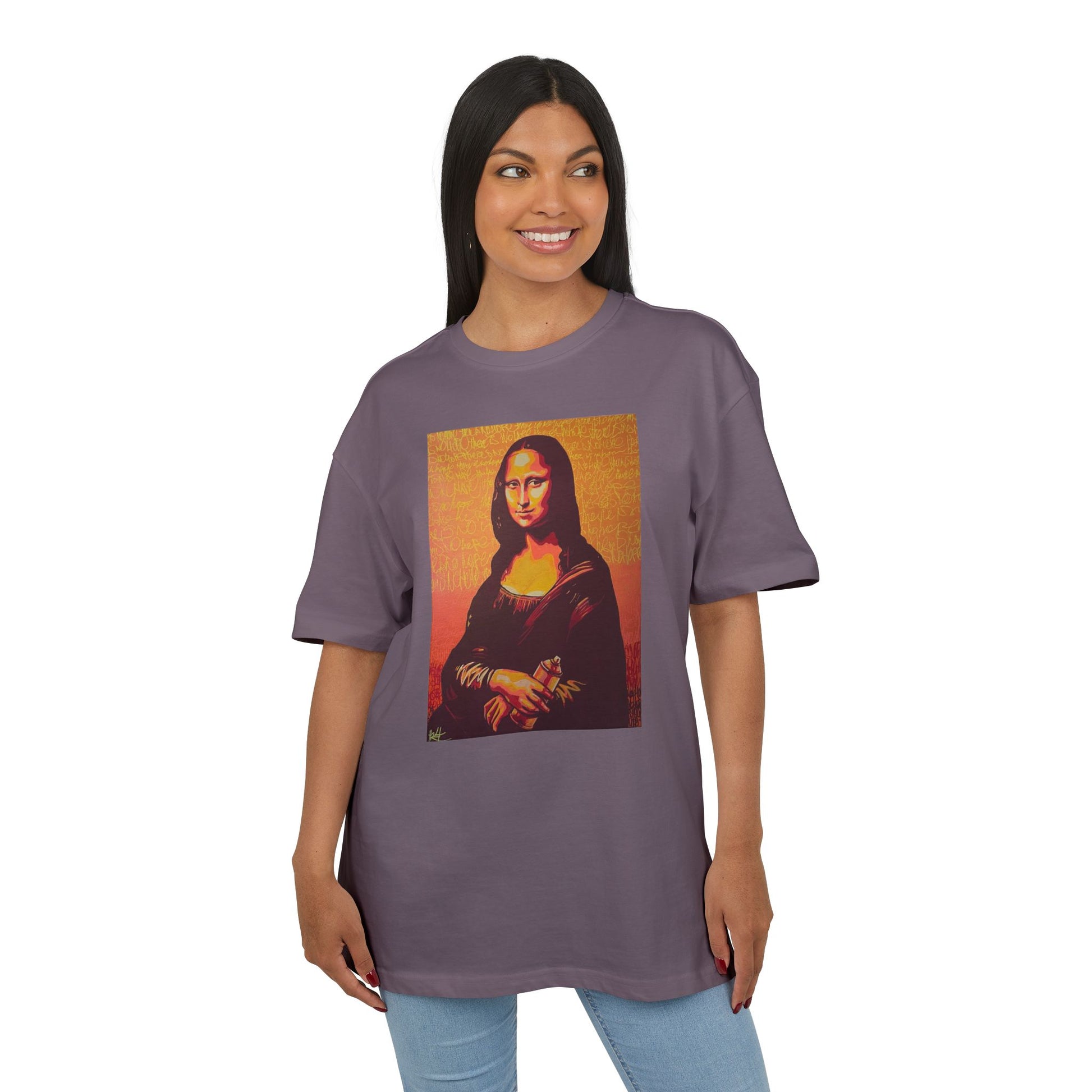 woman wearing magnet T-shirt featuring a printed portrait of a famous painting on the front, front
