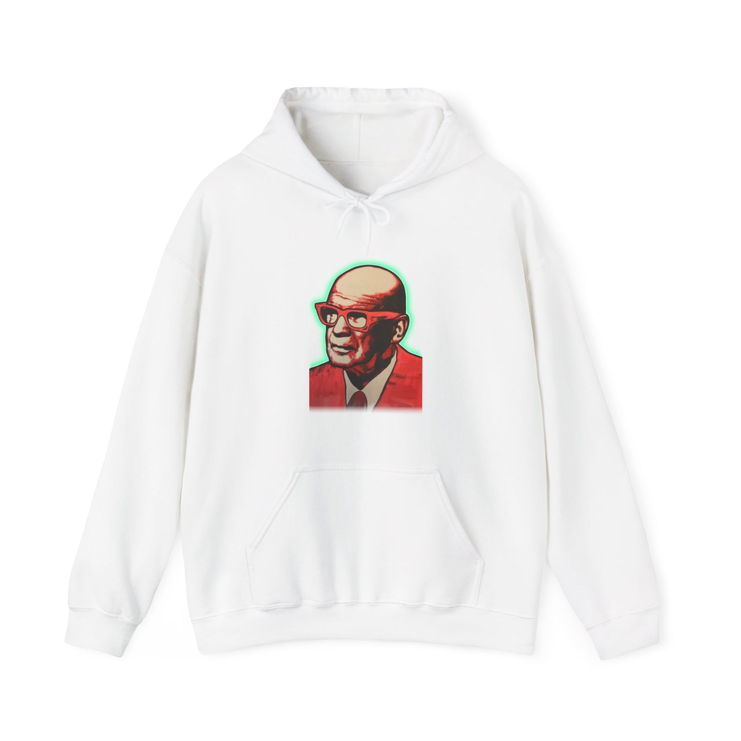 A white hooded sweatshirt with a front pouch pocket featuring an embroidered graphic of a urho kekkonen on the chest area, front