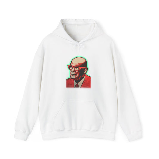 A white hooded sweatshirt with a front pouch pocket featuring an embroidered graphic of a urho kekkonen on the chest area, front