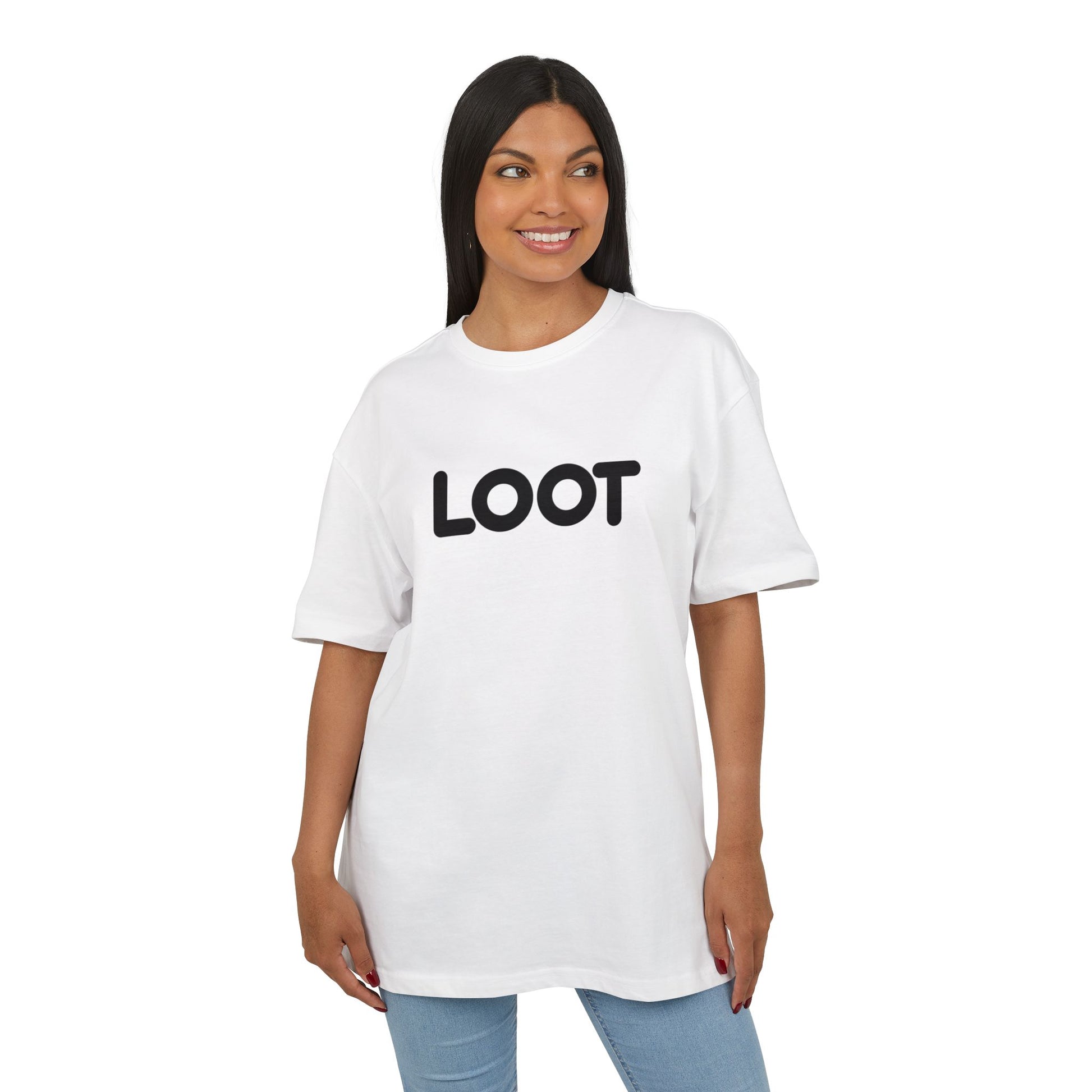 woman wearing white t-shirt with the word 'LOOT' printed in black on the front, front