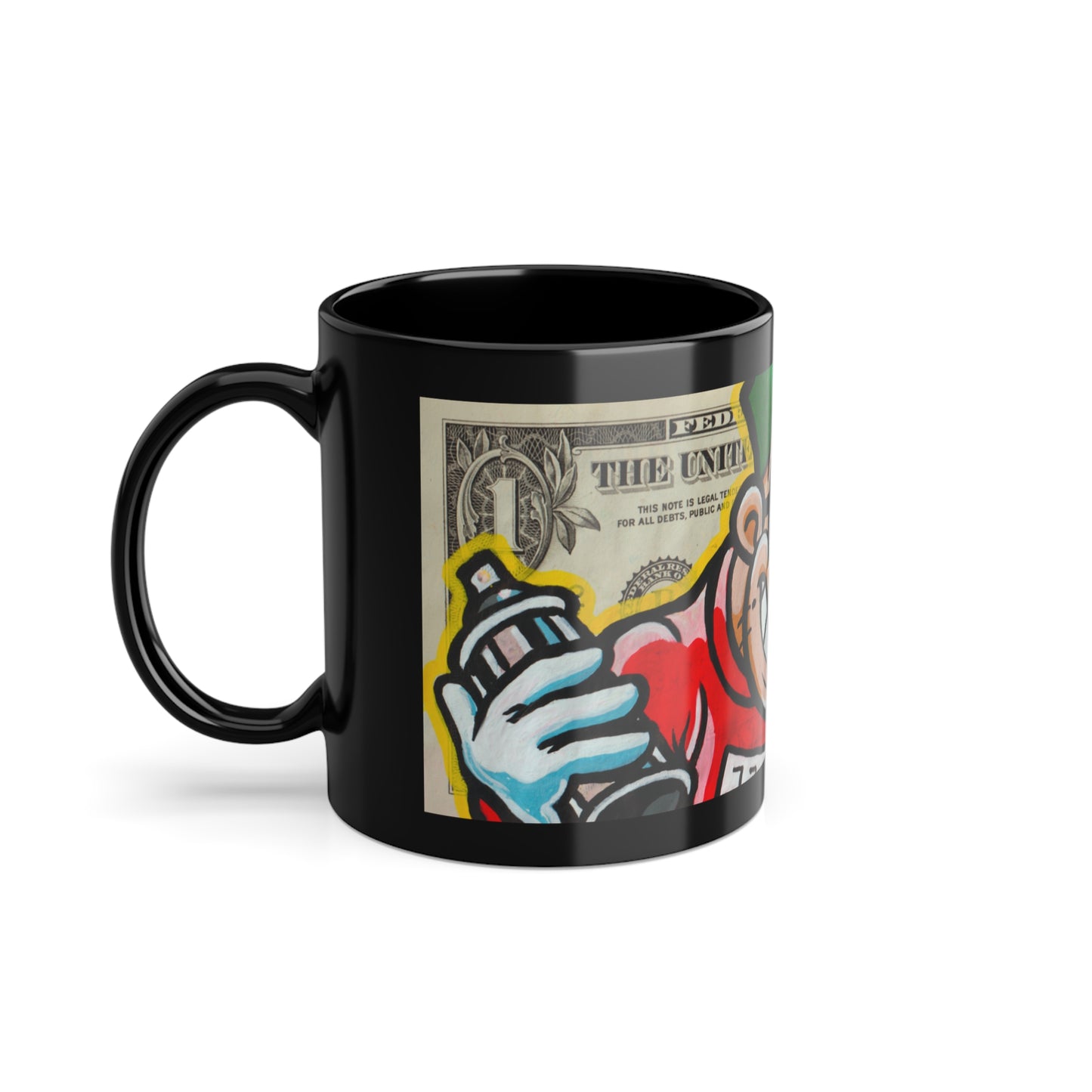 A black ceramic coffee mug with a glossy finish dollar art and a colorful character illustration on the side, side