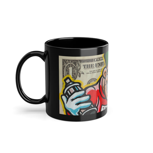 A black ceramic coffee mug with a glossy finish dollar art and a colorful character illustration on the side, side