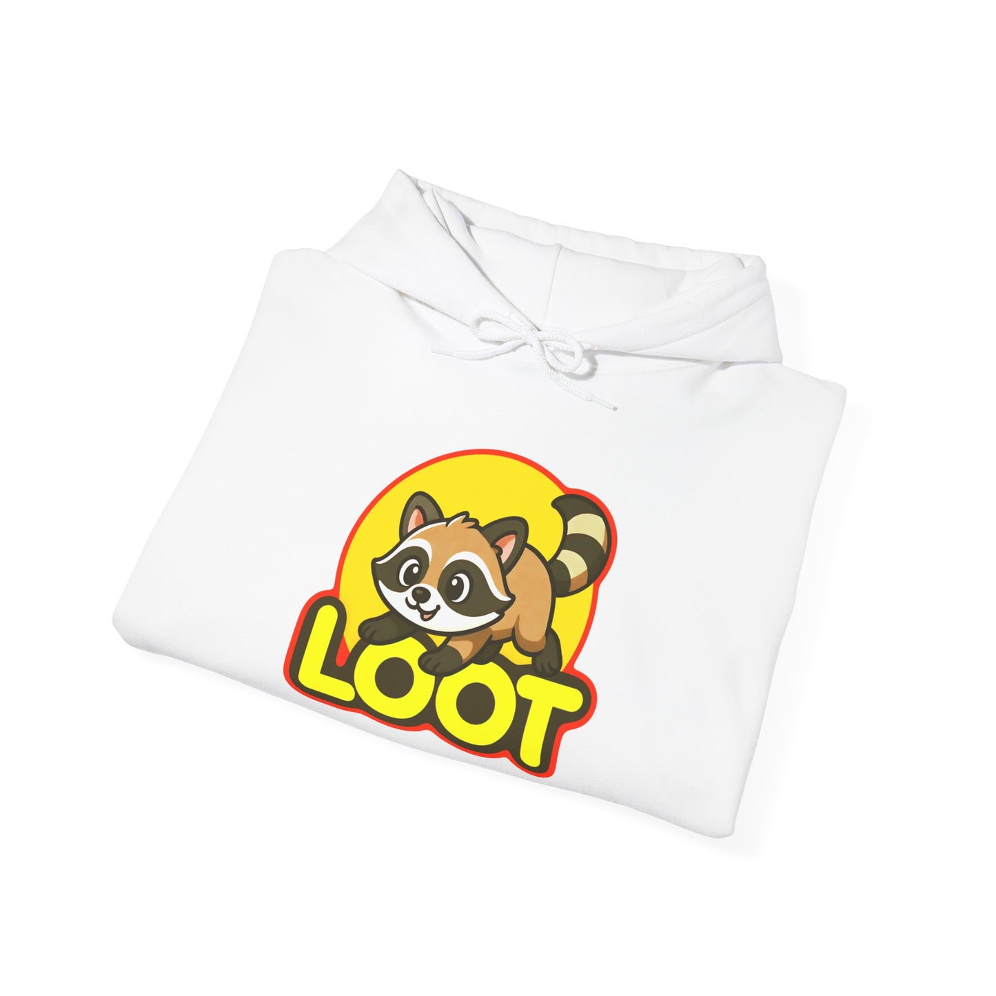 folded White hoodie with a raccoon graphic and 'LOOT' text on a white background, front