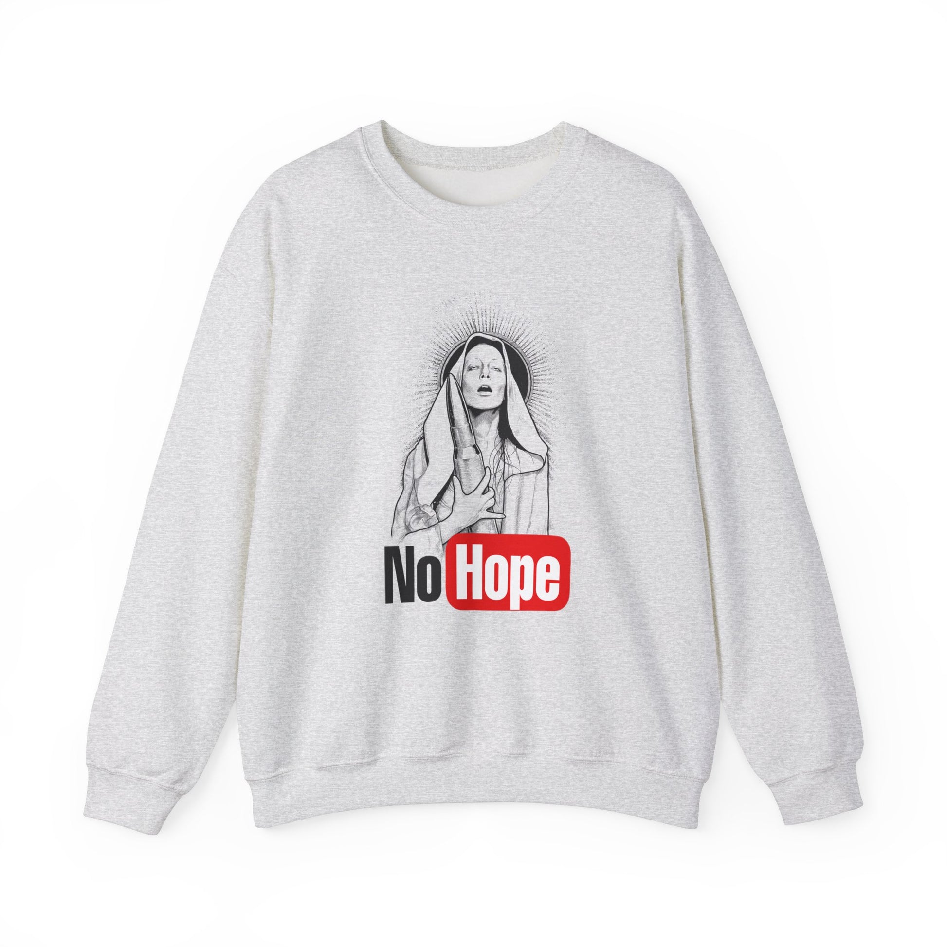 Ash crewneck sweatshirt with a graphic print of a person and the text 'No Hope' on the front, front