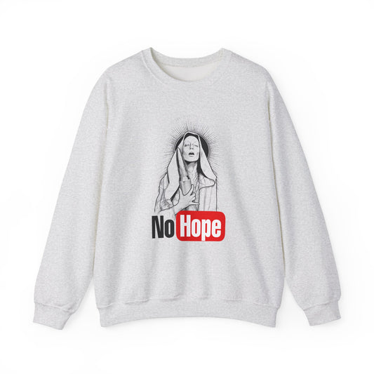 Ash crewneck sweatshirt with a graphic print of a person and the text 'No Hope' on the front, front