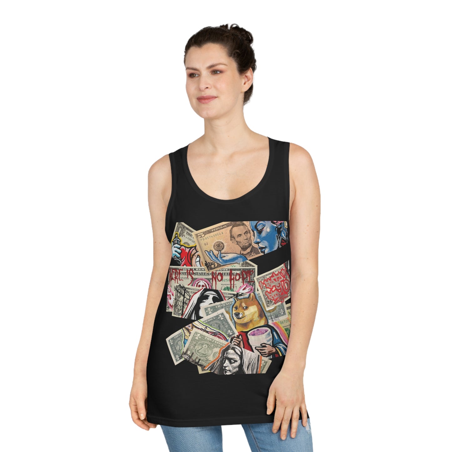 woman wearing black tank top with stacked dollars artistic design of dollars and text on a white background, front