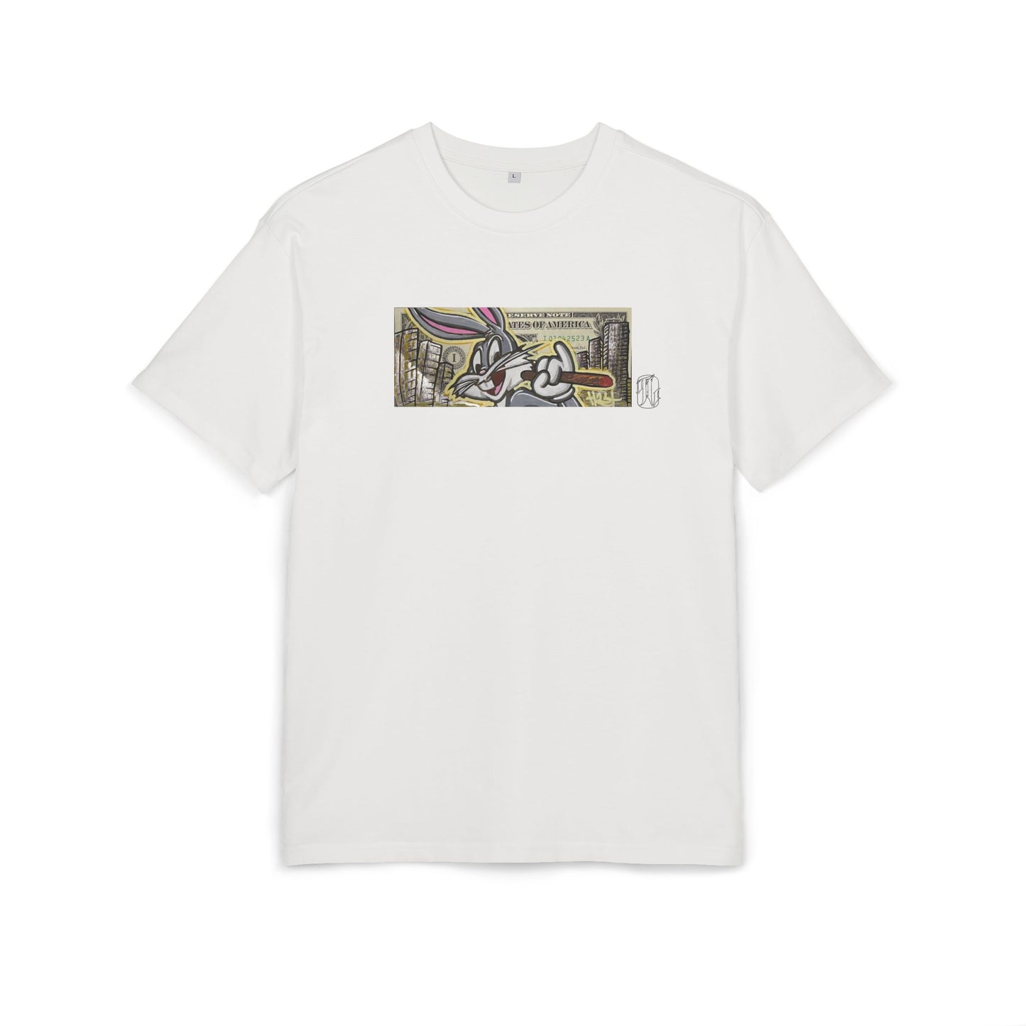White t-shirt with a graphic design on a white background, art, dollar, front