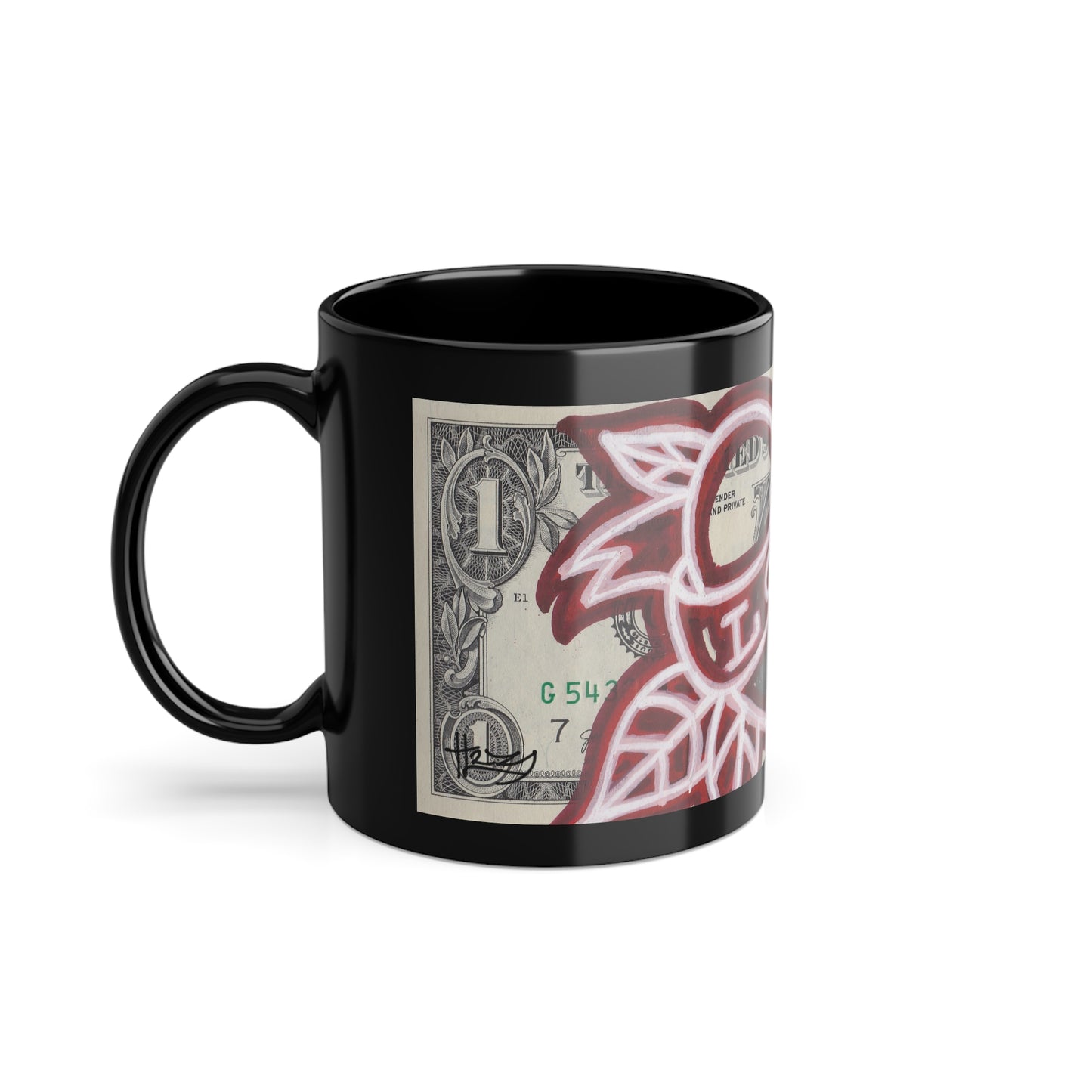 A black ceramic coffee mug with a glossy finish dollar art, featuring a white heart and the word 'LOVE' printed on the side, side