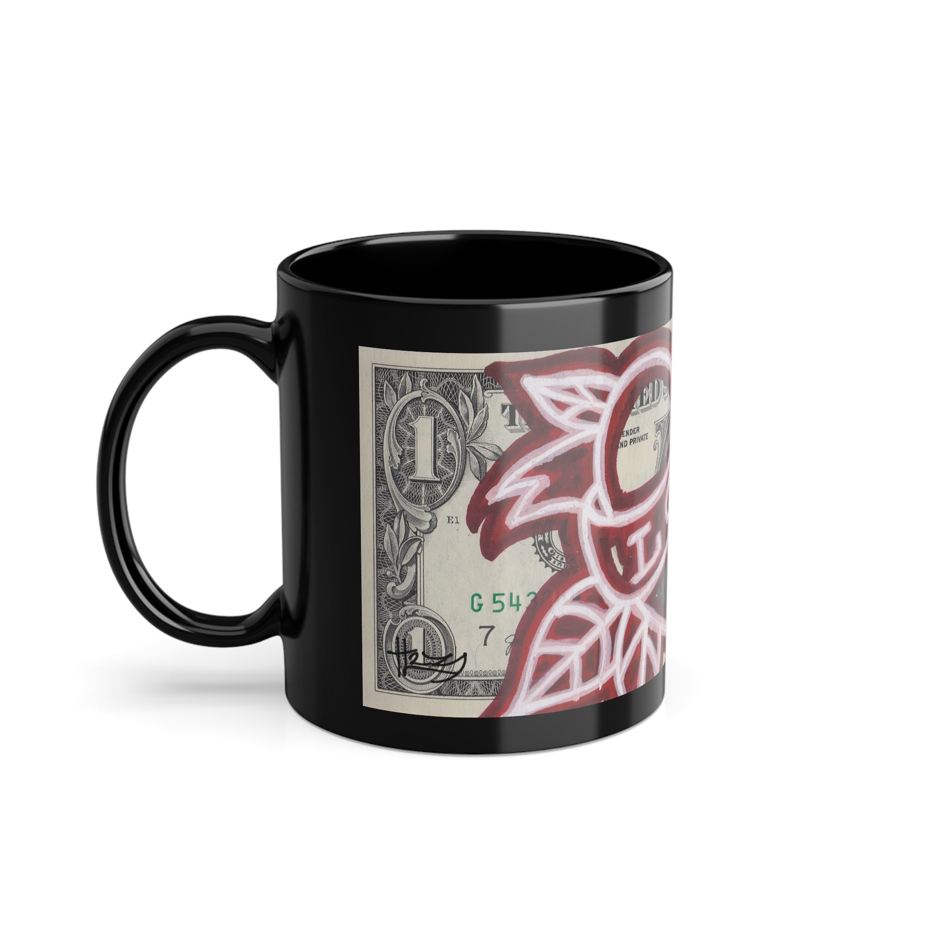 A black ceramic coffee mug with a glossy finish dollar art, featuring a white heart and the word 'LOVE' printed on the side, side
