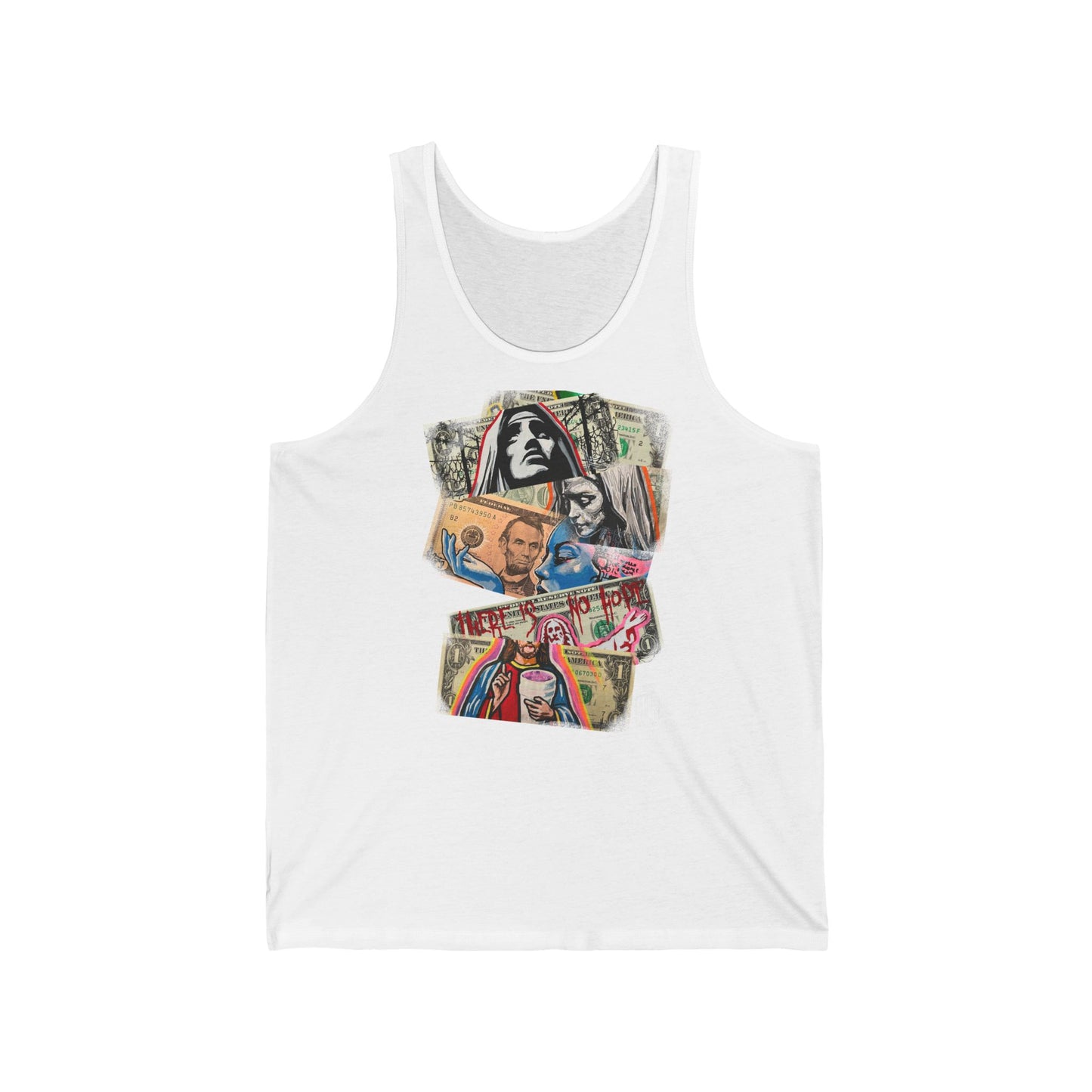 white tank top with stacked dollars and  graphic design on a white background, front