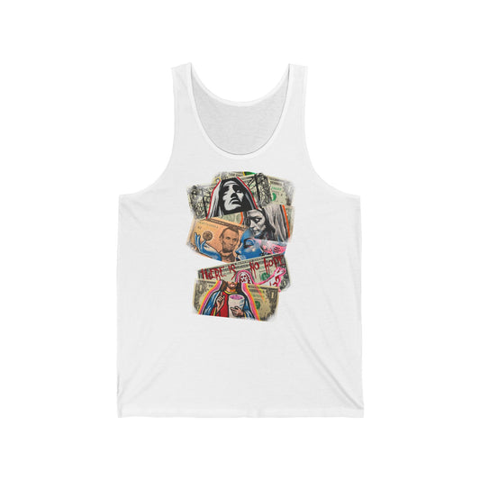 white tank top with stacked dollars and  graphic design on a white background, front