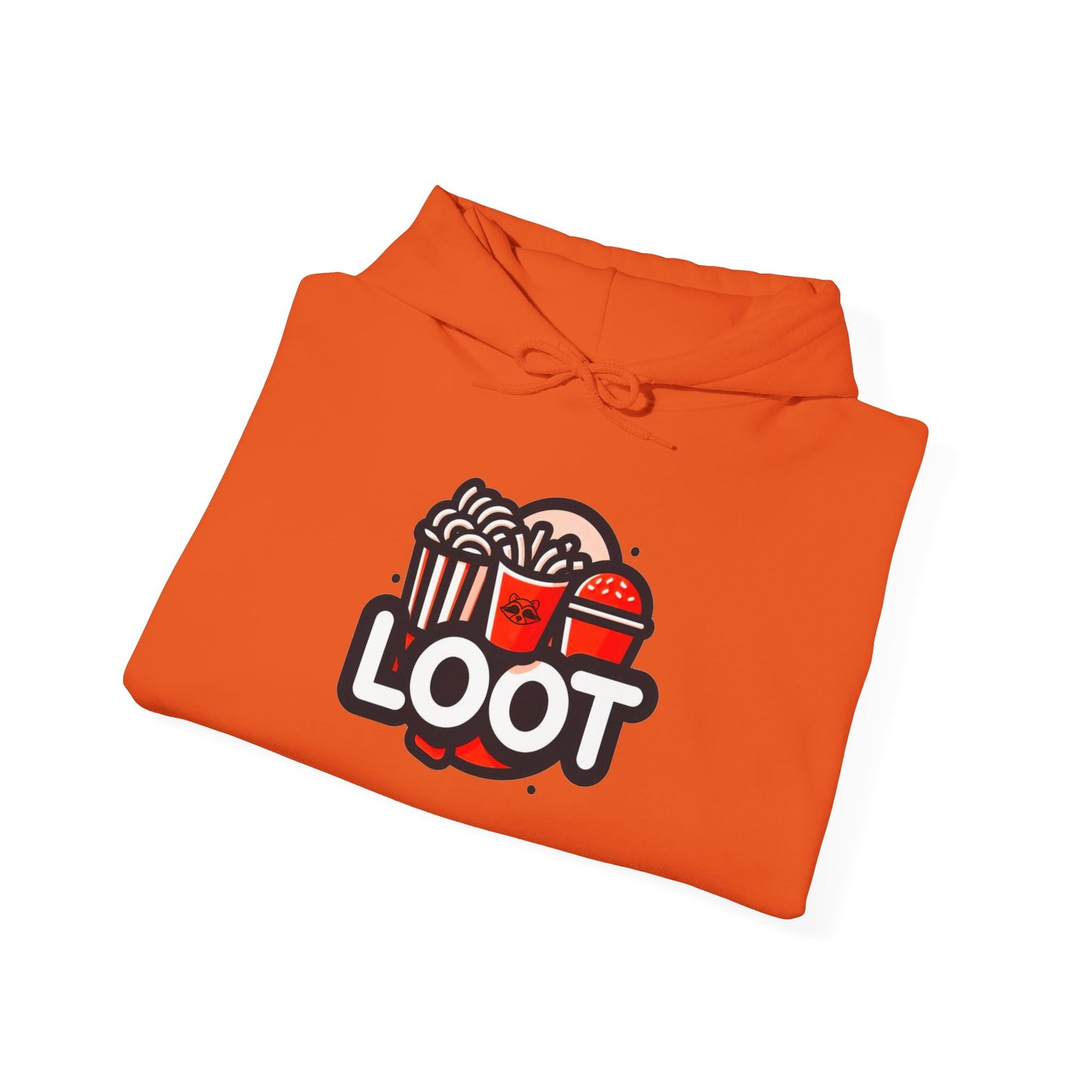 folded orange hooded sweatshirt in orange color with a graphic print on the front that reads 'LOOT' with a fast food beside it, front