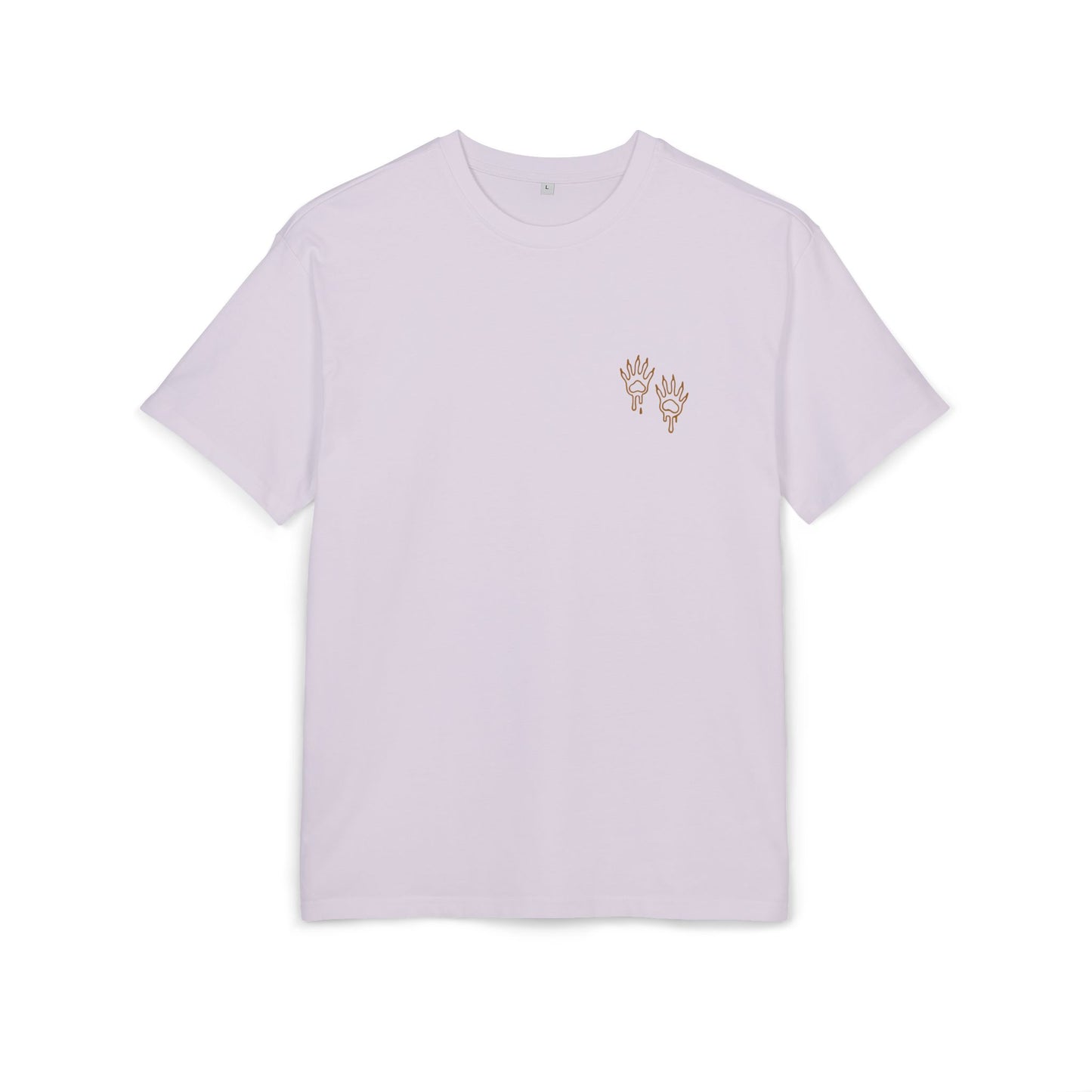 lilac t-shirt with small raccoon paw print design on a white background, front