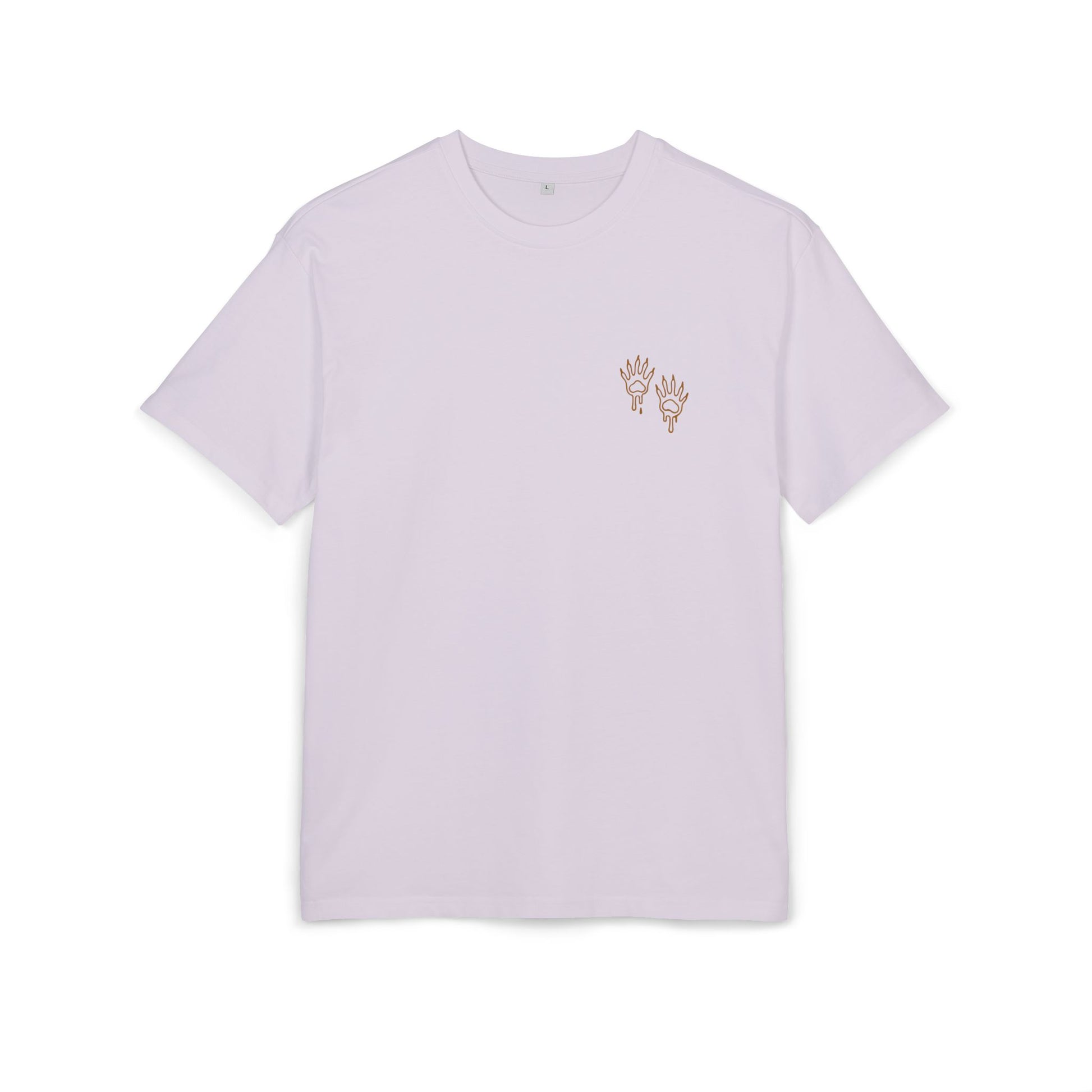 lilac t-shirt with small raccoon paw print design on a white background, front