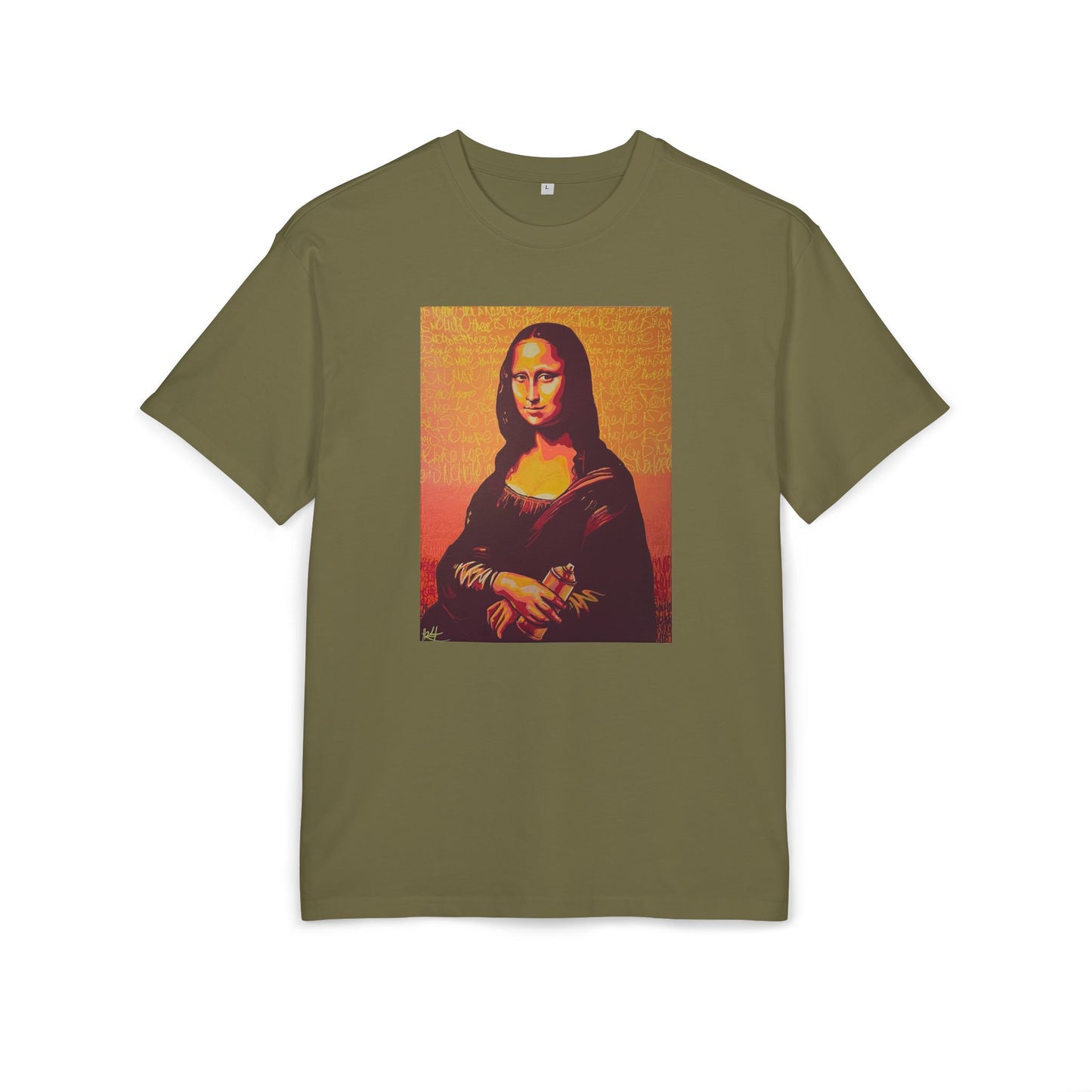 olive T-shirt featuring a printed portrait of a famous painting on the front, front