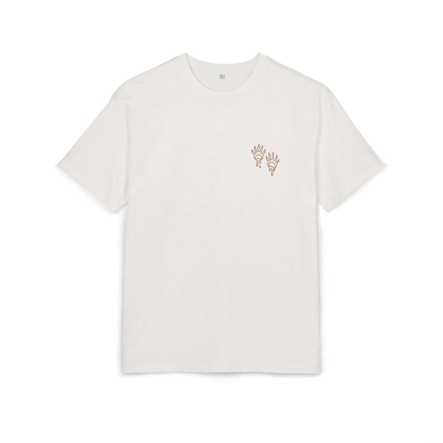 White t-shirt with small raccoon paw print design on a white background, front