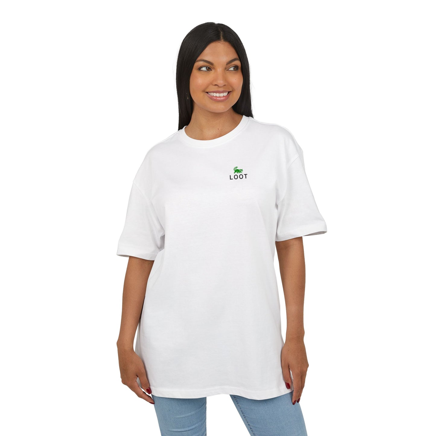 Woman wearing a white t-shirt with a logo on a white background, front