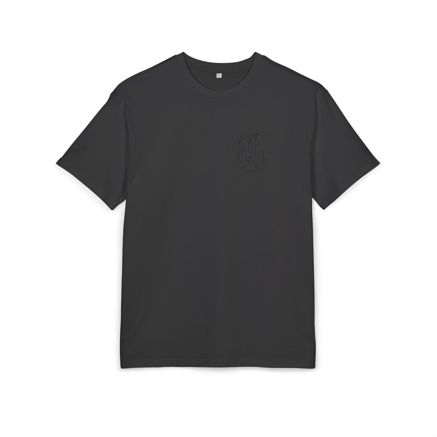 Black t-shirt with a small logo on a white background, front