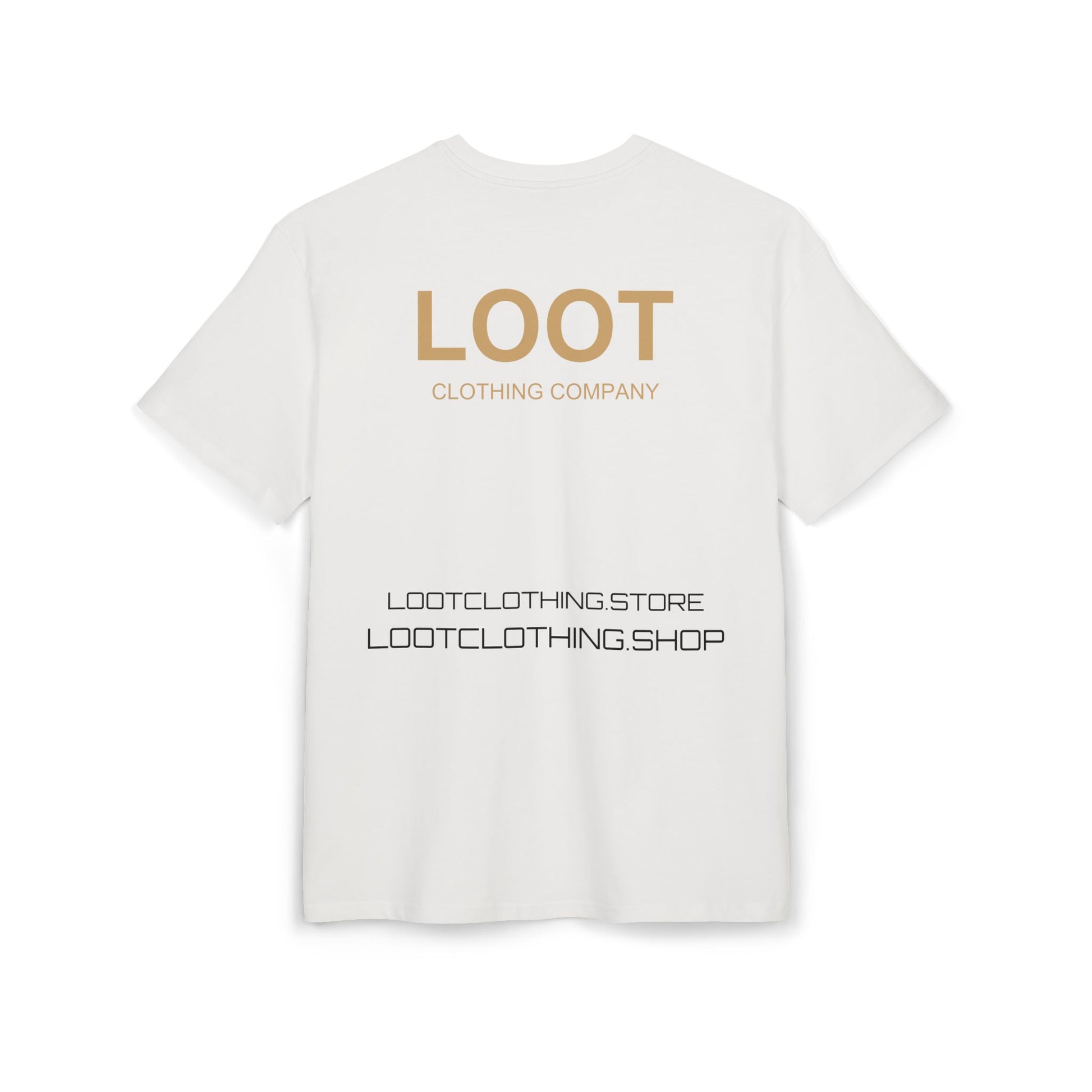 White t-shirt with 'LOOT Clothing Company' text on a white background, back